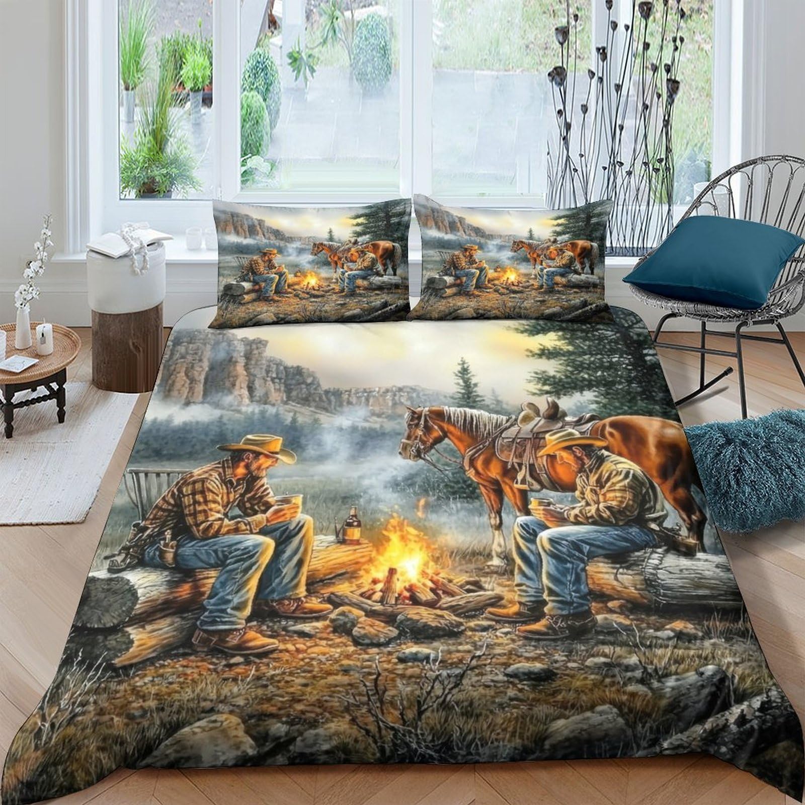 Ctjqhvkz Style-4 3D Printed Cowboy Campfire Fitted Sheet Microfiber Soft Decorative Horse Bed Cover For Bedroom Guest Room Dorm Single（135X200cm）
