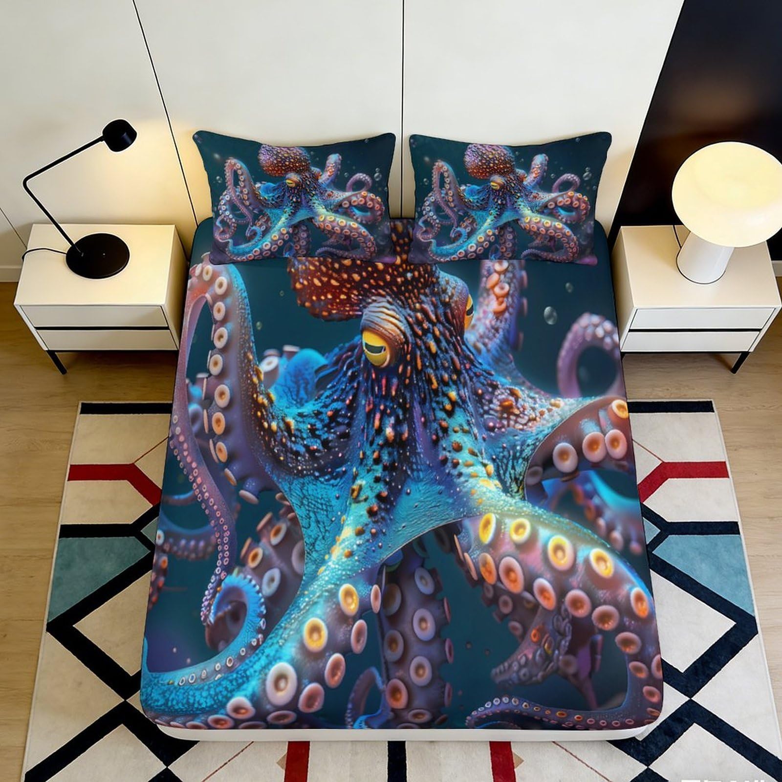 3D Printed Octopus Ocean Fitted Sheet Microfiber Soft Blue Underwater Bed Cover for Bedroom Dorm Mattress Decor 90x200x25cm