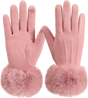 Winter Gloves for Women with Faux Fur Cuff Thermal Warm Touchscreen Gloves