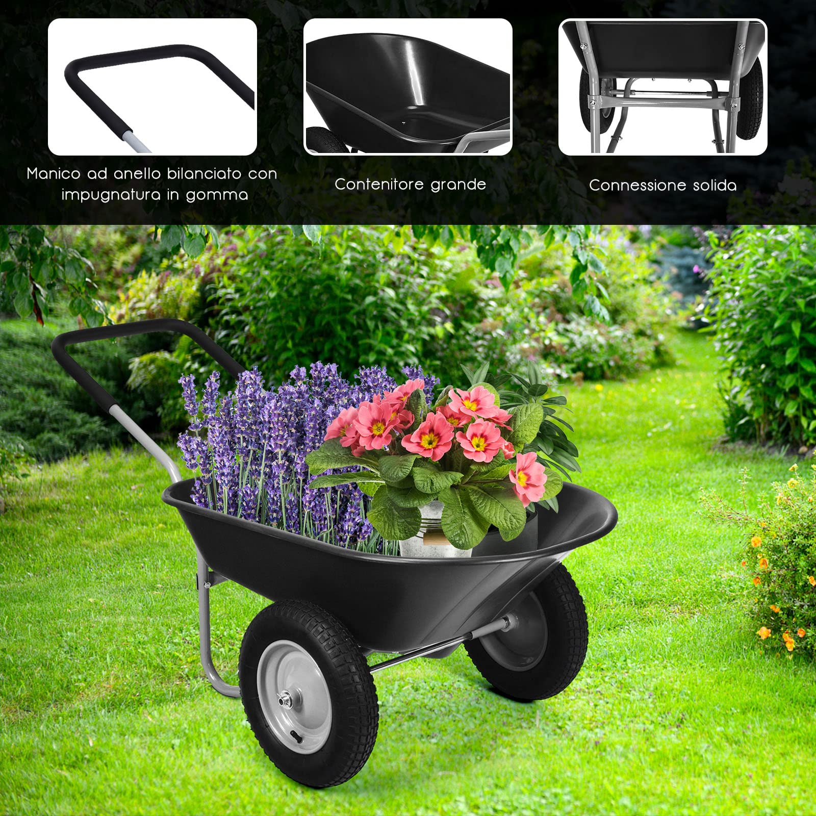 COSTWAY Carriola con 2 Ruote da Giardino, Carrello Resistente con Struttura in Acciaio Robusto, Ruote Pneumatiche 35,5 cm, Capacità 75L, Portata Max 100 kg (Nero)