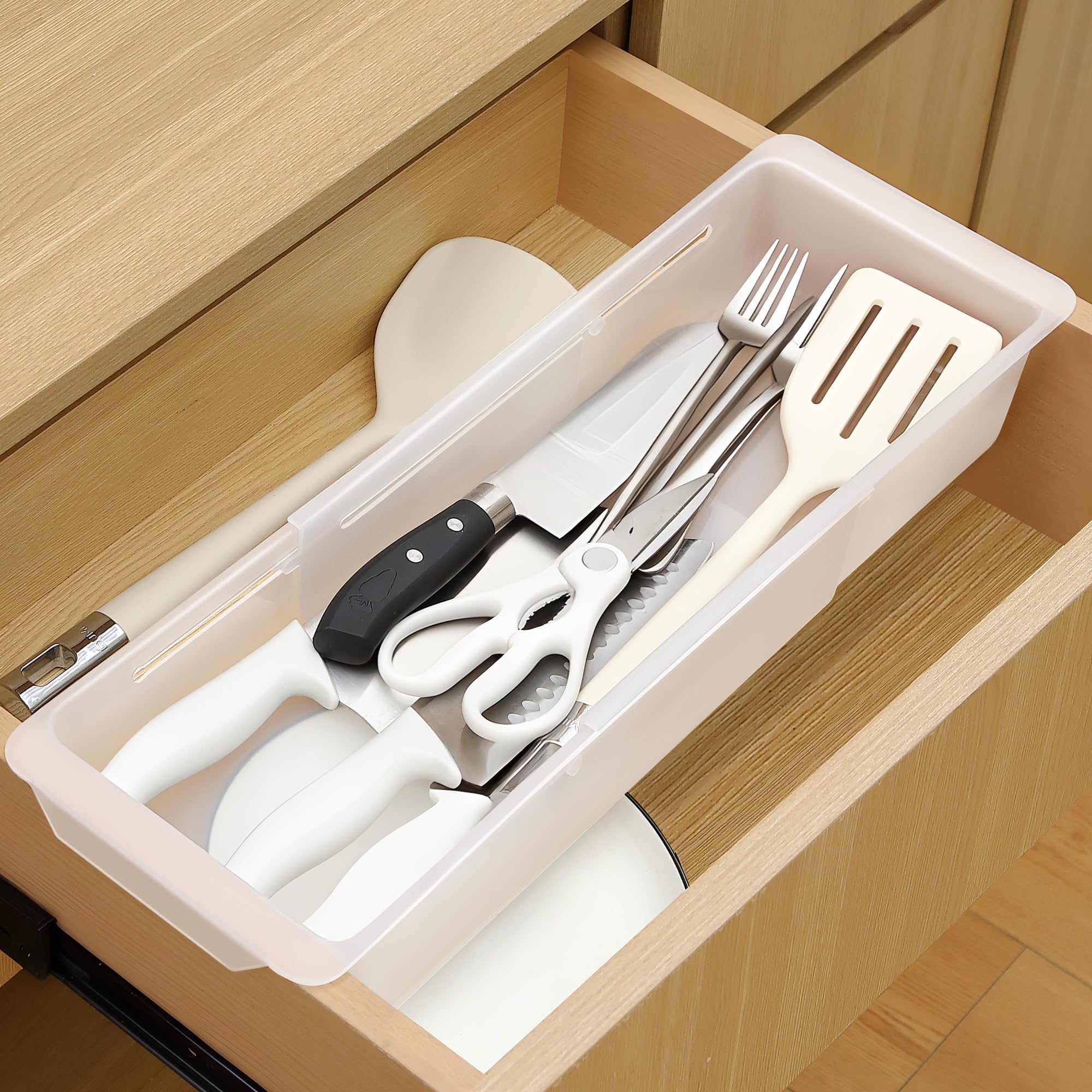 Gulfmew Deep Drawer Organizer Bins, Adjustable Sliding Drawer Organizer Bin Expandable Tray for Kitchen Utensils, BBQ Tools, Towels, Durable Plastic Sliding for Easy Storage(17" to 27”)