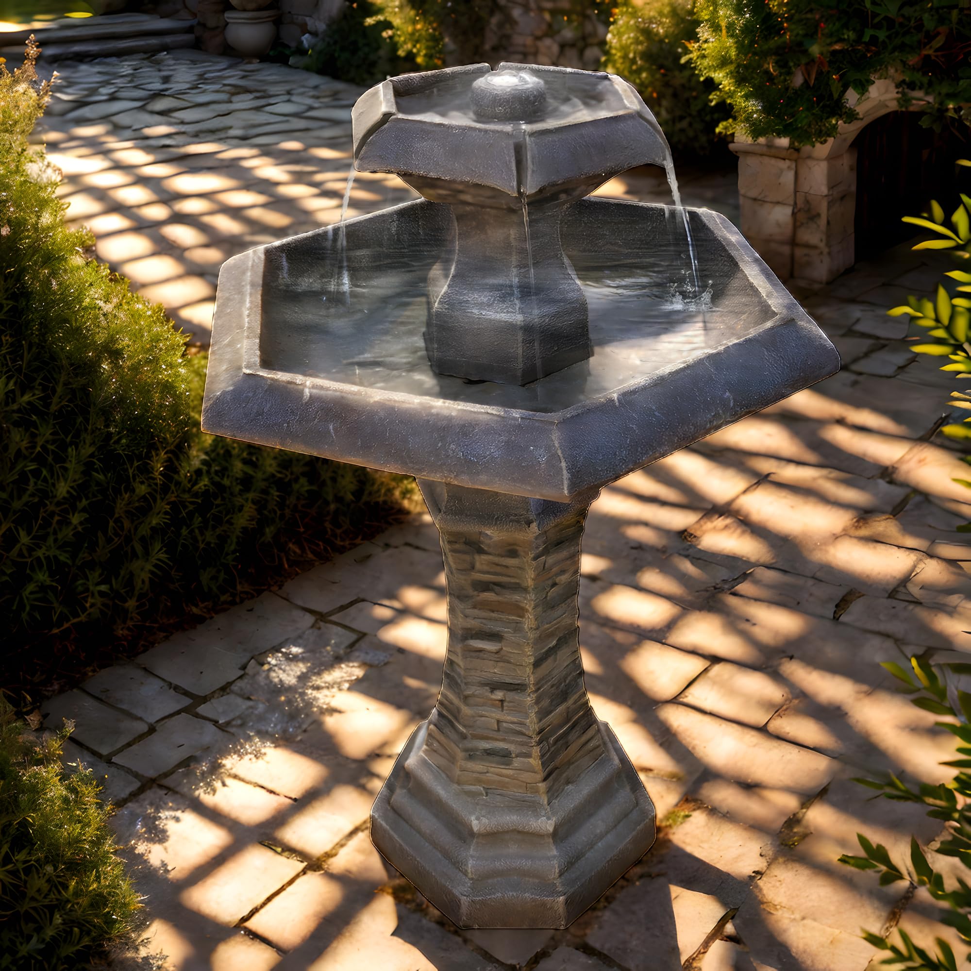 Köhko® Hexagon Elegance - Fuente de jardín con iluminación LED, cascada, bebedero para pájaros, decoración de jardín