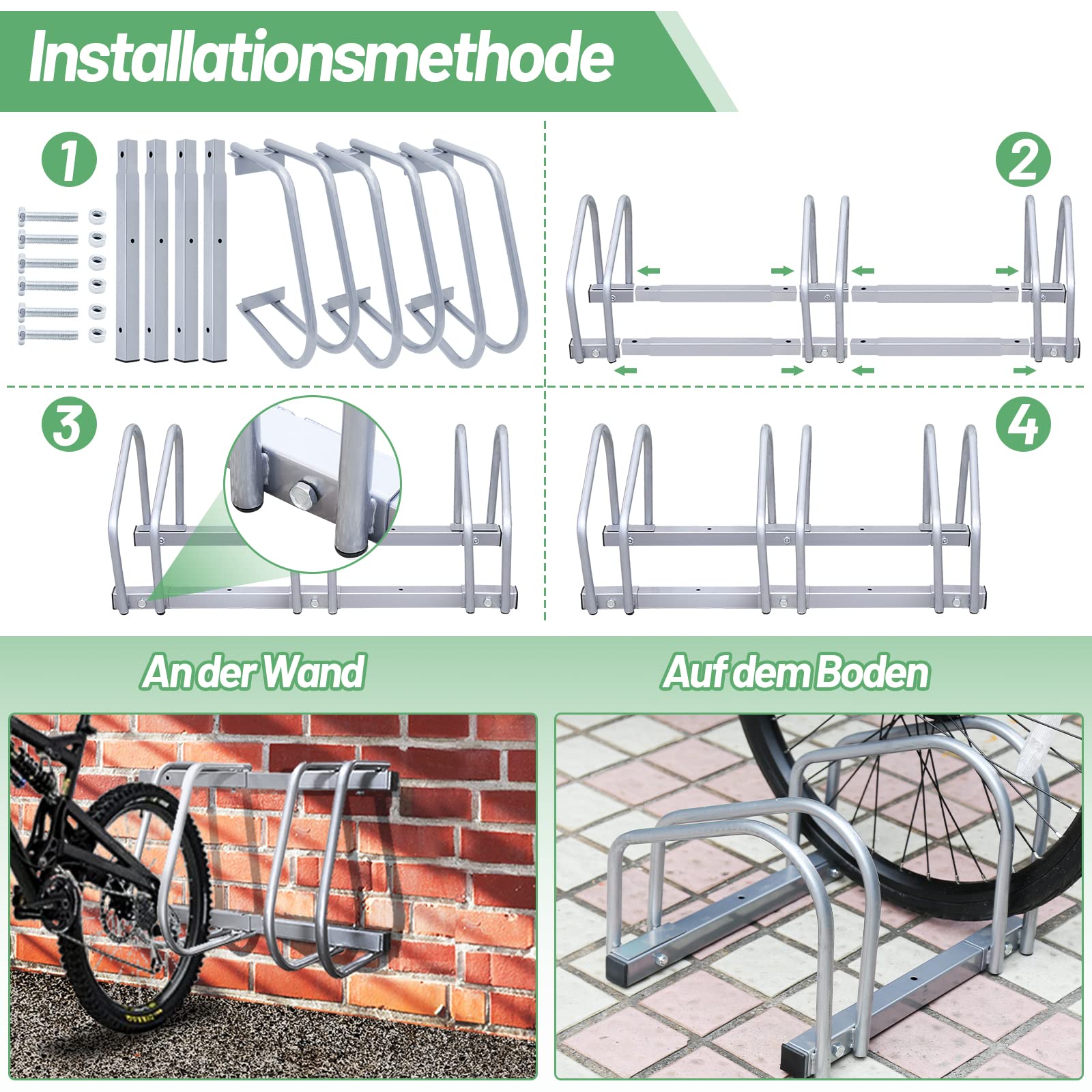 Sonnewelt 3x Aparcamiento Soporte para Aparcar Múltiple Aparcamiento para Bicicletas Exterior Suelo Soporte Bicicleta para Suelo y Pared bicis Aparcabicis para 3 Bicicletas