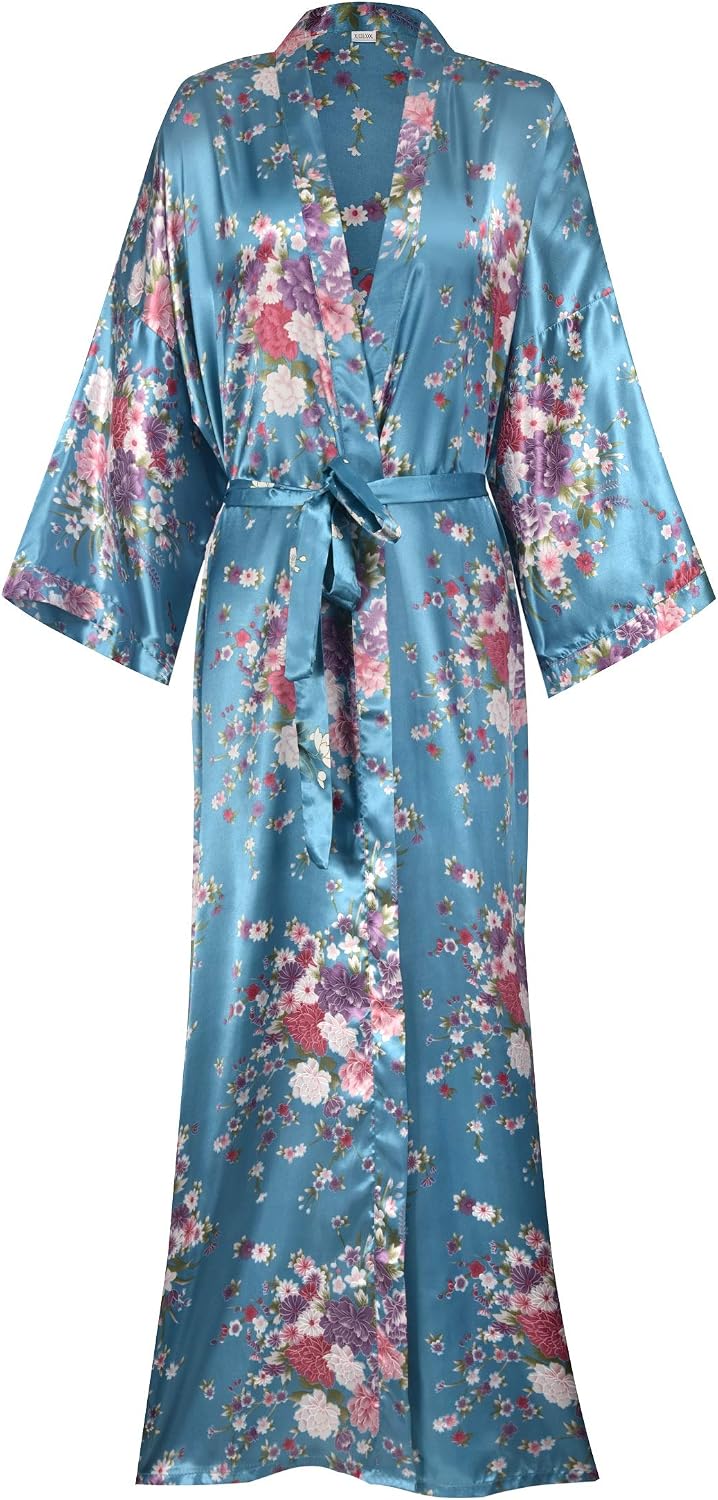 Women's Long Kimono Robes Silky Floral Bathrobe with Blossoms Printed Bridesmaid Wedding Nightgown