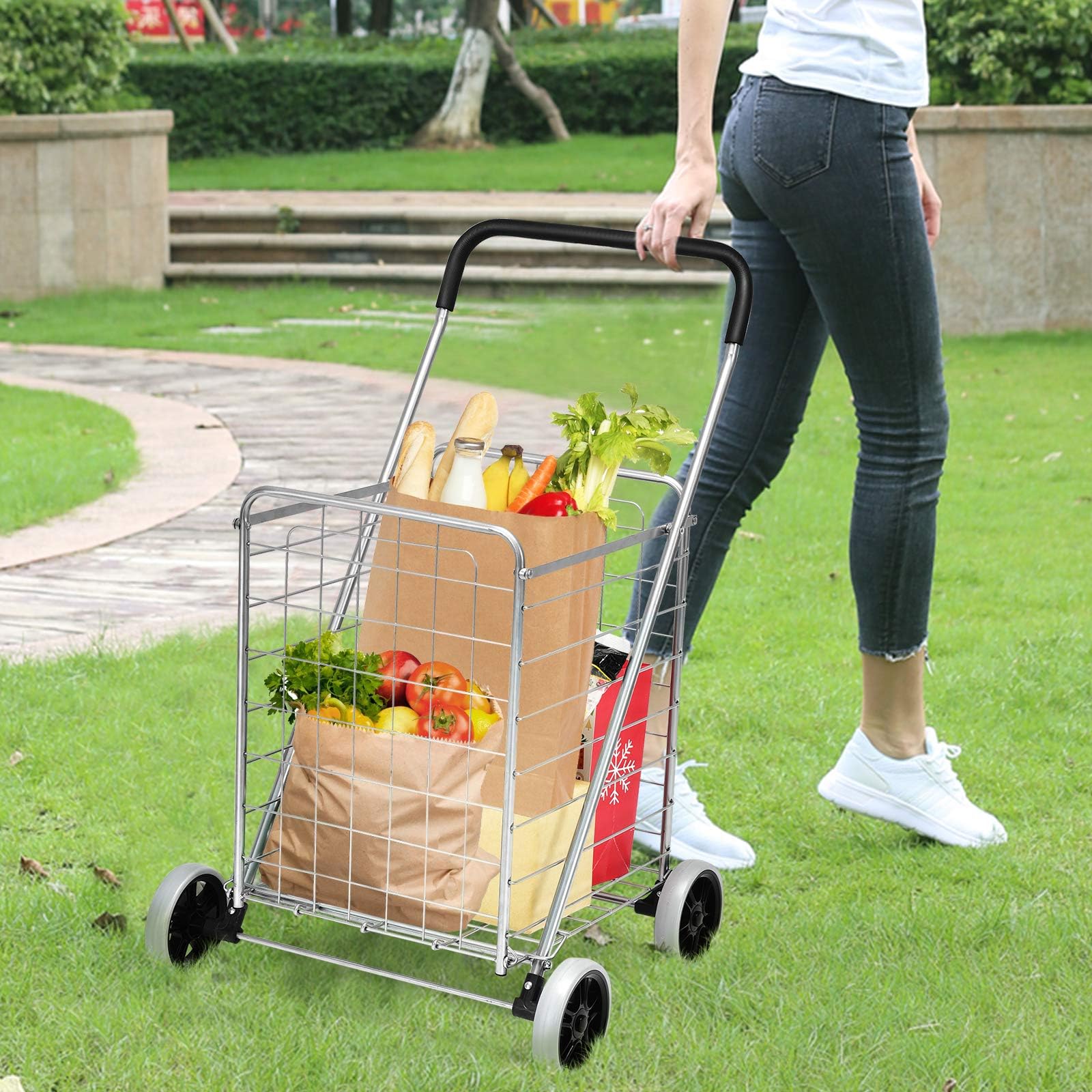 COSTWAY Klappbarer Einkaufstrolley, Einkaufswagen auf Rollen, 45 kg belastbar, 83L, Tragbarer Handwagen, Rollwagen Allzweckwagen für Wäsche, Einkaufen, Gepäck (Silber)