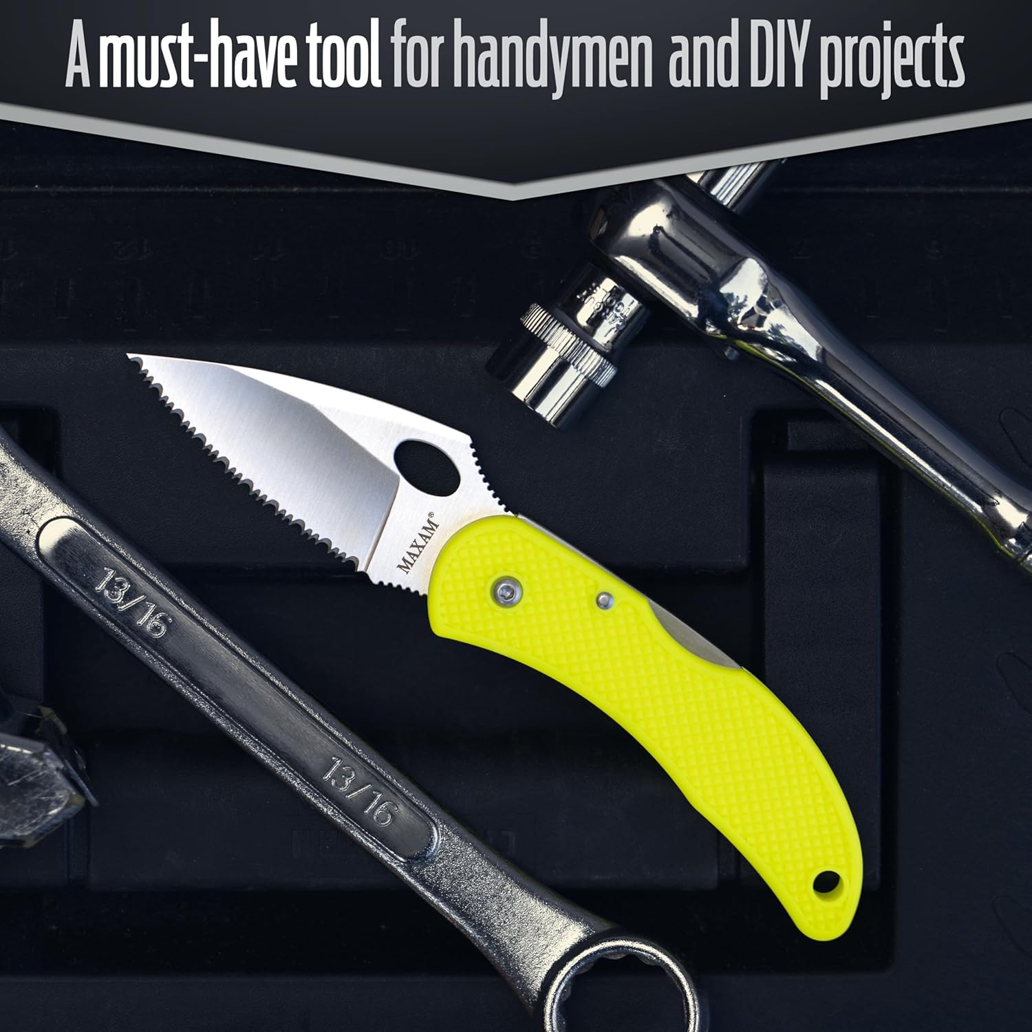 Maxam 3.3" Saltwater Knife - Rust-Proof German Stainless Steel Serrated Blade with Bright Yellow Handle, Reversible Pocket Clip, Lanyard Hole - Ideal for Salt & Fresh Water, Fishing Outdoor Use