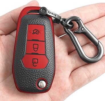 Kirsnda for Ford Key fob Cover,Texture case,with Keychain,Key Shell/Skin,3-Buttons,fit for Fusion Ranger Focus,ect Flip Remote Key Vehicle Accessories,Red Texture