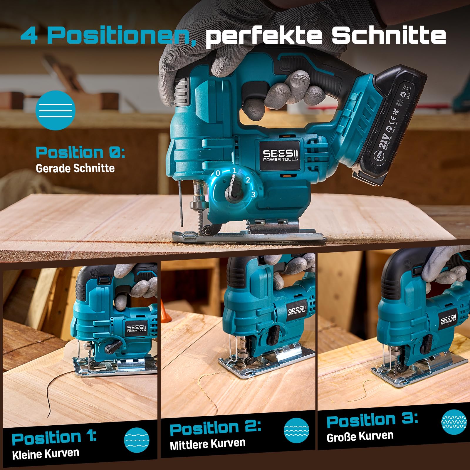 Seesii Stichsäge 21V, Akku Stichsäge mit Akkus und Ladegerät Set, 6-Stufen, Mit LED, 0°-45° Gehrung, 4 Pendelhub-Einstellungen, 20mm Hubhöhe, 2800 SPM, 9 Sägeblättern, mit Tragetasche