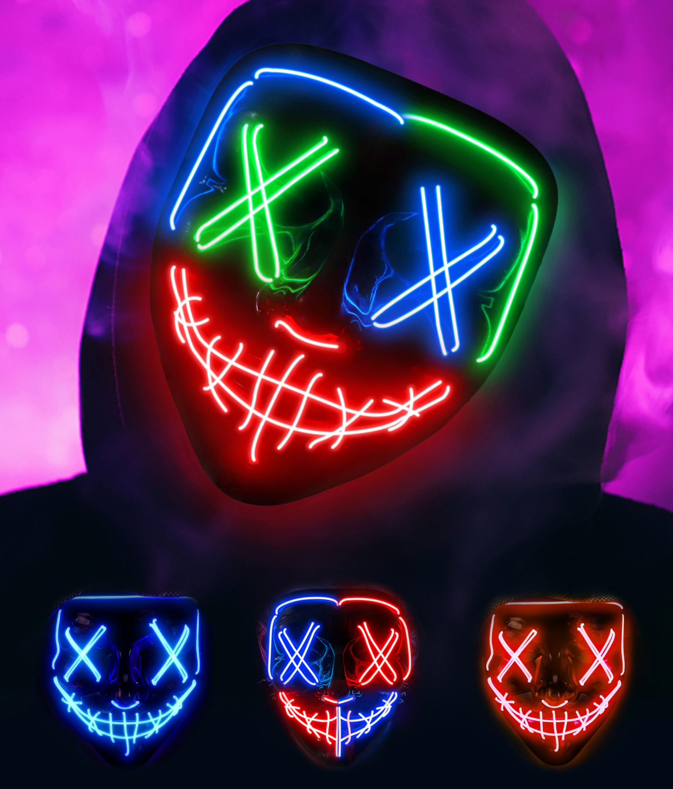 AnanBros Scary LED Halloween Mask, Light up Mask Cosplay, LED Rave Face Mask Costume 3 Lighting Modes, Halloween Face Masks for Men Women Kids (Blue Red Green Mixed)