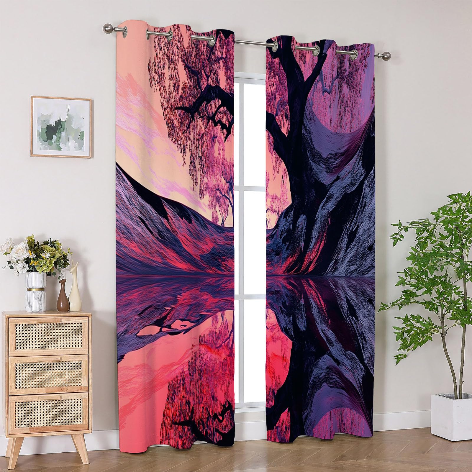 Blickdichte Gardinen - Fantastischer rosa Blütenbaum mit Wasserspiegel Szenerie Abstrakt Thermovorhang, Verdunkelungsvorhang für Wohnzimmer und Schlafzimmer-H230 x B130 cm (2er Pack)