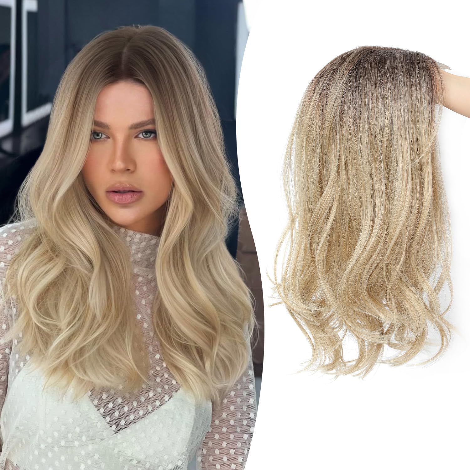 Fine Plus 18'' Hair Toppers for Women, Synthetic Hair Topper Adds Volume & Top Coverage for Thinning Hair and Gray Roots with Natural Body Texture, for Instant Style Upgrade - Blonde with Dark Roots