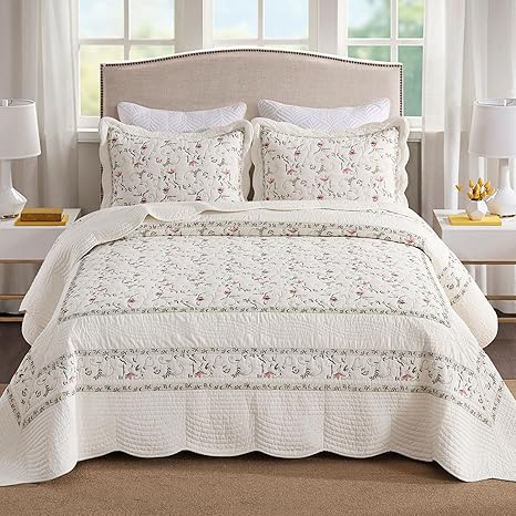 MarCielo 3-Piece 100% Cotton Oversized Bedspread Lightweight Quilt Coverlet Embroidery Farmhouse Bedding Set(TC Soft White,Oversized King (118"x106"))