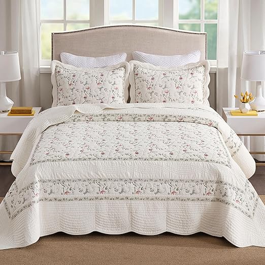 MarCielo 3-Piece 100% Cotton Oversized Bedspread Lightweight Quilt Coverlet Embroidery Farmhouse Bedding Set(TC Soft White,Oversized King (118"x106"))