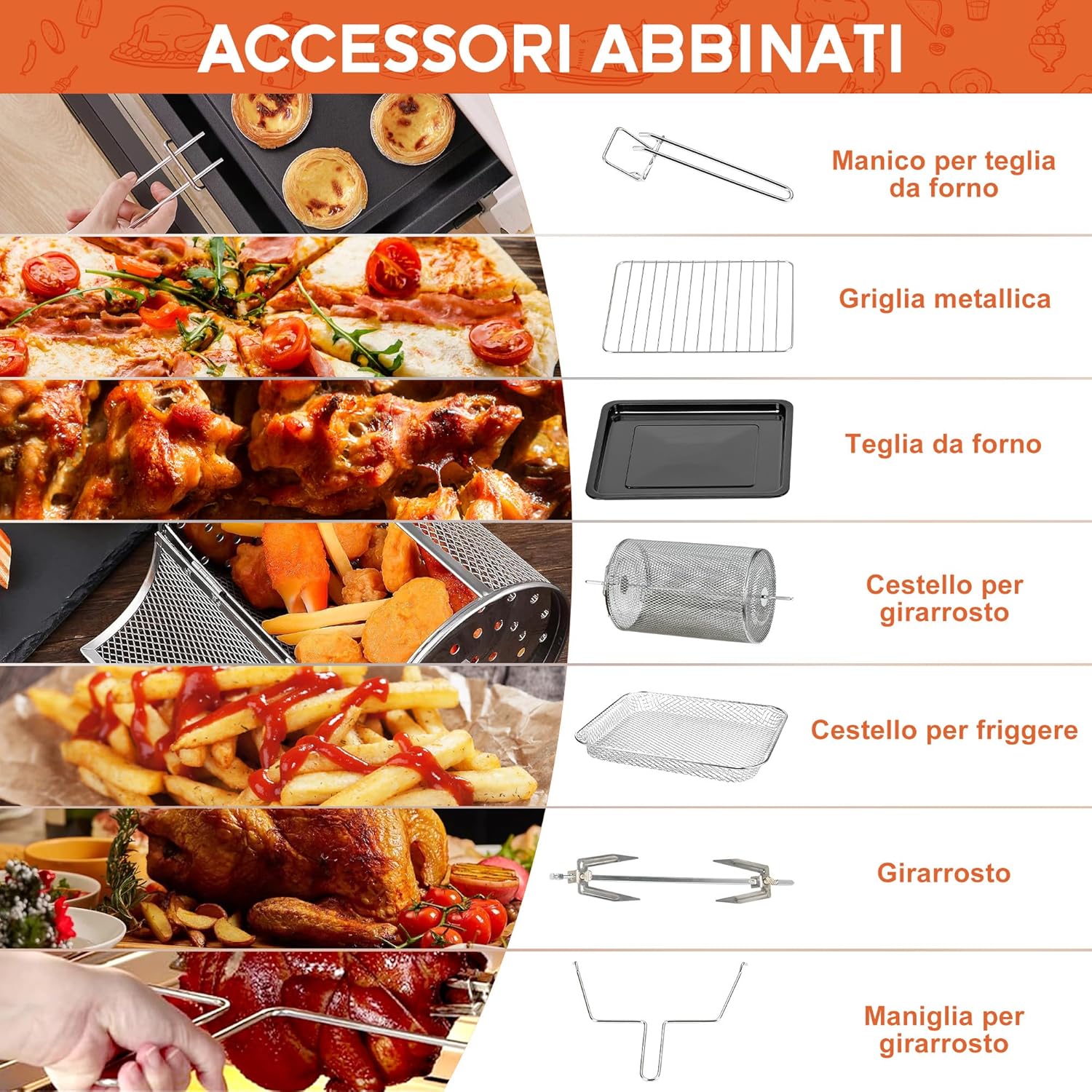 Бүттүview of included accessories for the Karinear Air Fryer Mini Oven, such as oven rack, baking pan, rotisserie basket, and air fry basket.