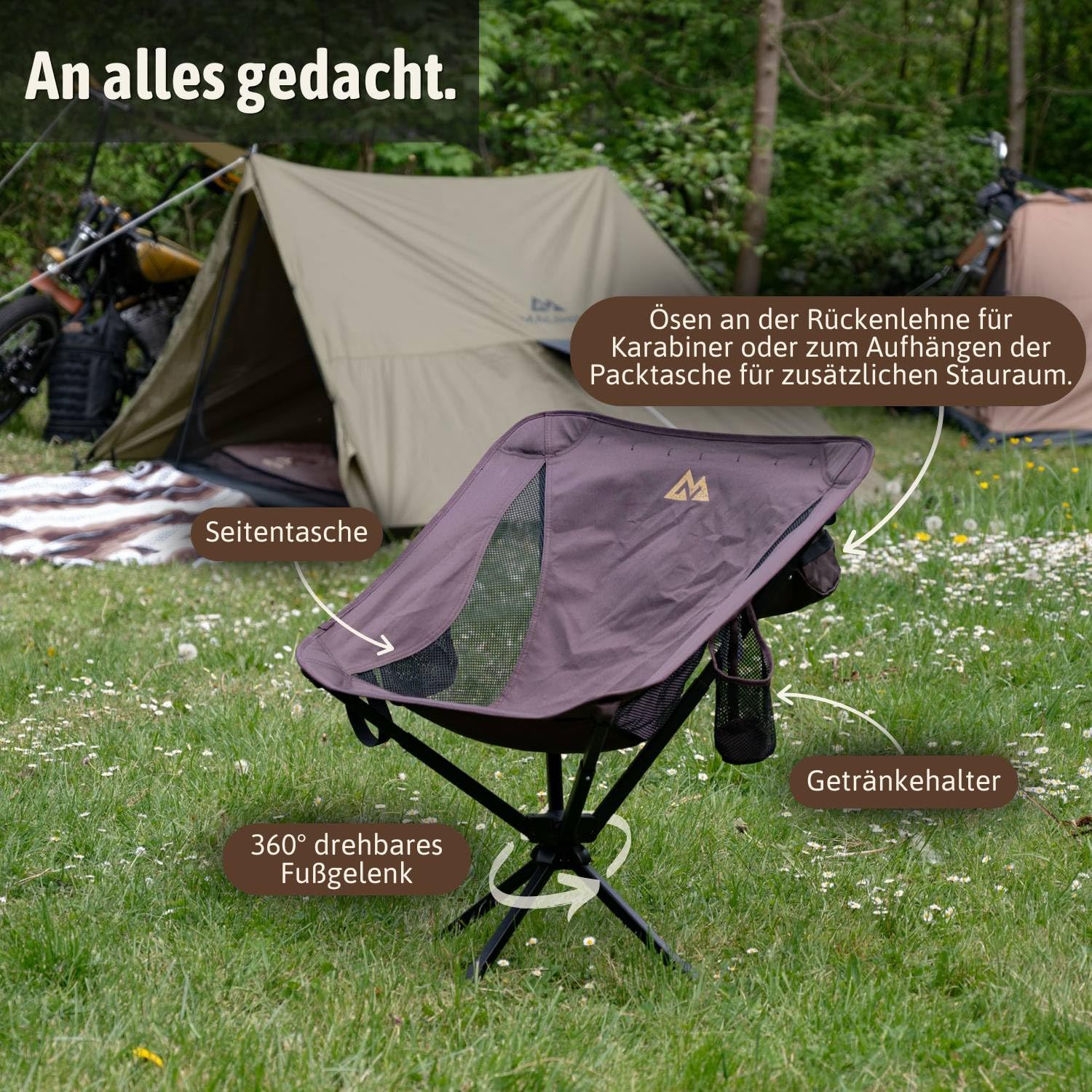 MALIHINI Campingstuhl faltbar [150 kg, 360° Fußgelenk] Kleines Packmaß 36 × 12 cm, leicht & kompakt | Drehbarer Campingstuhl mit Getränkehalter & Tasche | Camping & Outdoor (Braun)