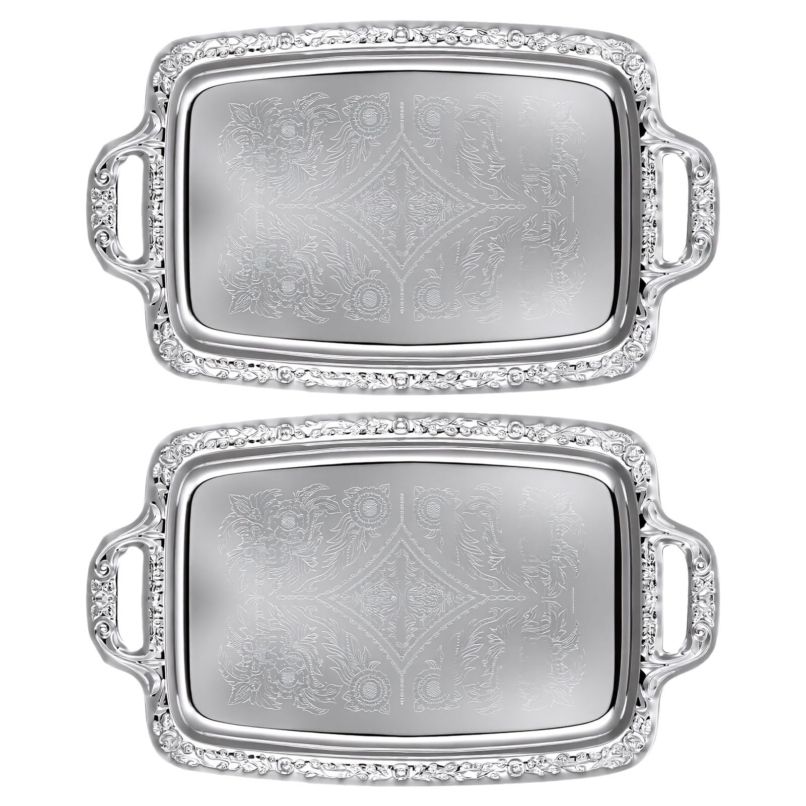 Plateau de service rectangulaire argenté en acier inoxydable - Lot de 2 pièces de cuisine
