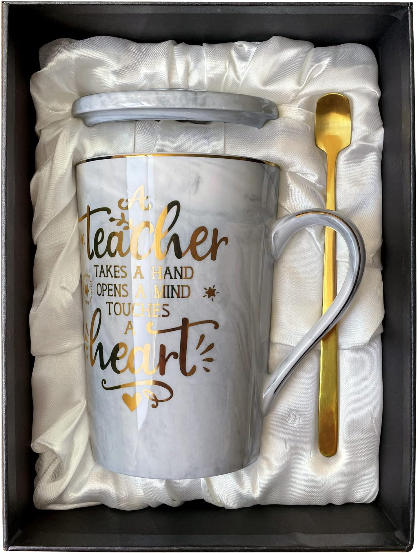 Best Teacher Appreciation Gifts for Men Women - A Teacher Takes A Hand Opens A Mind Touches A Heart - Funny Birthday Thank You Gifts for Teachers, 14Oz Grey Coffee Mug Printed with Gold, Gift Boxed