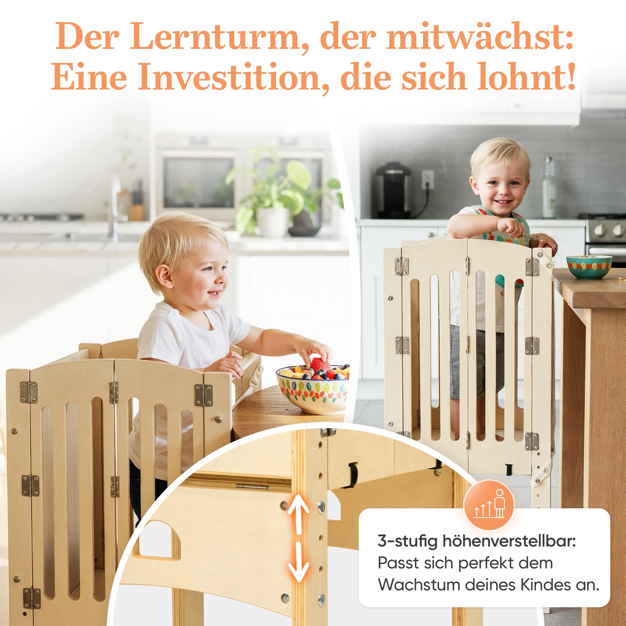 Lernturm ab 1 Jahr [FALTBAR] – Montessori Learning Tower, vormontiert, höhenverstellbar & extra sicher | Platzsparender Tritthocker für Küche & Alltag (Natural)