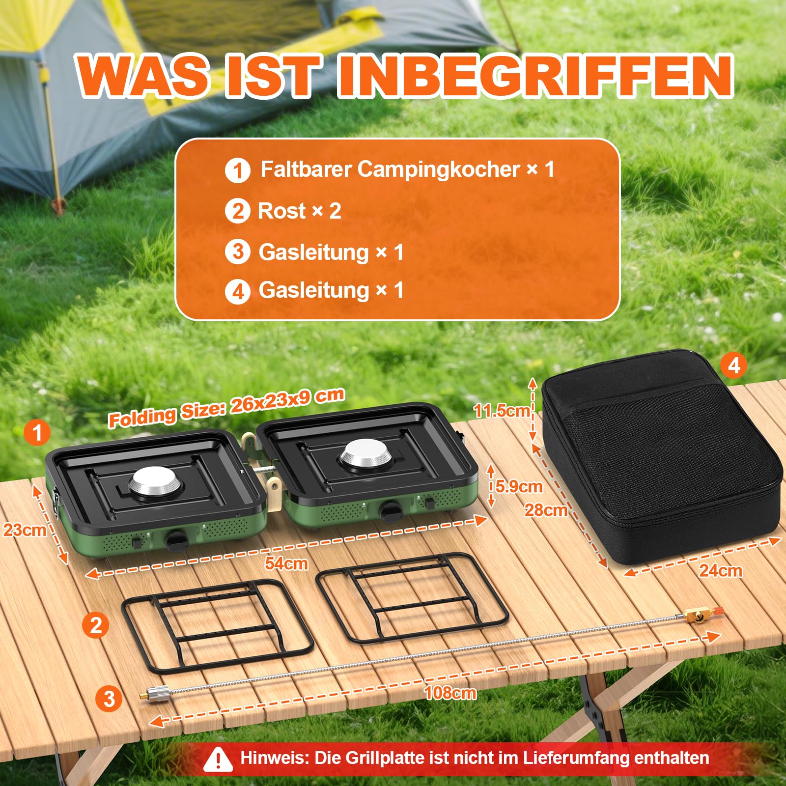 2-Flammig Campingkocher Gas Faltbar, Camping Gaskocher Herd mit Zünder & Tragetasche für Outdoor-Kochen, Campingplatz, Gartenparty, Grillabend, Picknick, Festival-Camping, Vanlife (ohne Grillplatte)