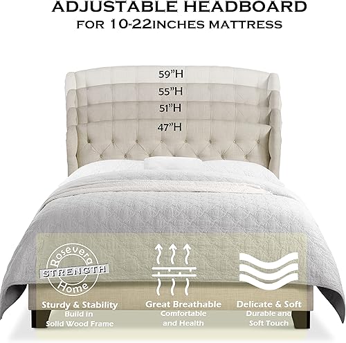 Miniatura 26 de Rosevera Marcelle - Marco de cama con respaldo de alas con cabecera ajustable de diseño distintivo, tapizado con botones para dormitorio, soporte de