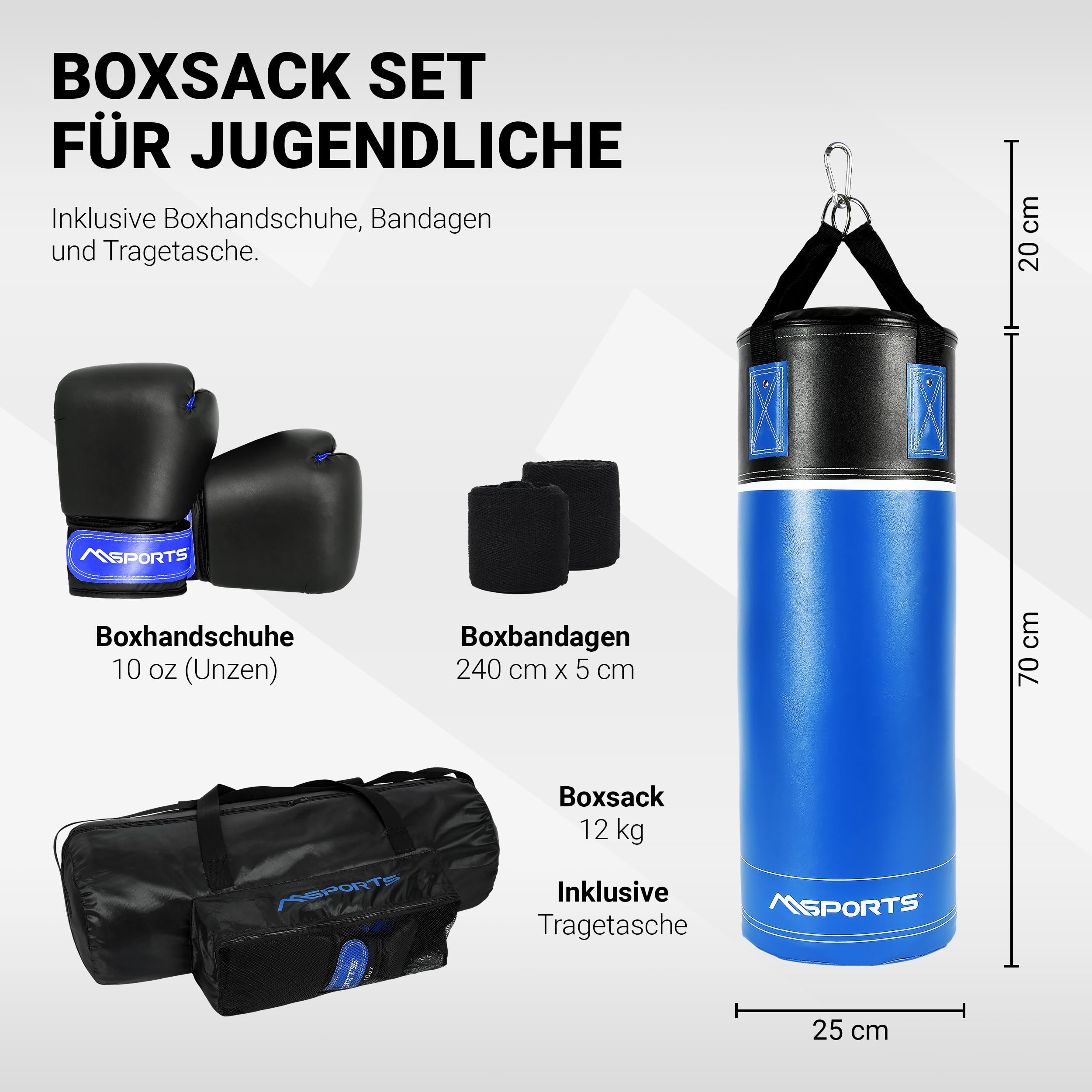 MSPORTS Ensemble sac de frappe de qualité supérieure pour enfants et adolescents – Kit de boxe avec gants de boxe, bandages et sac, 70 × 25 cm, 12 kg – Idéal pour l'entraînement de boxe et de