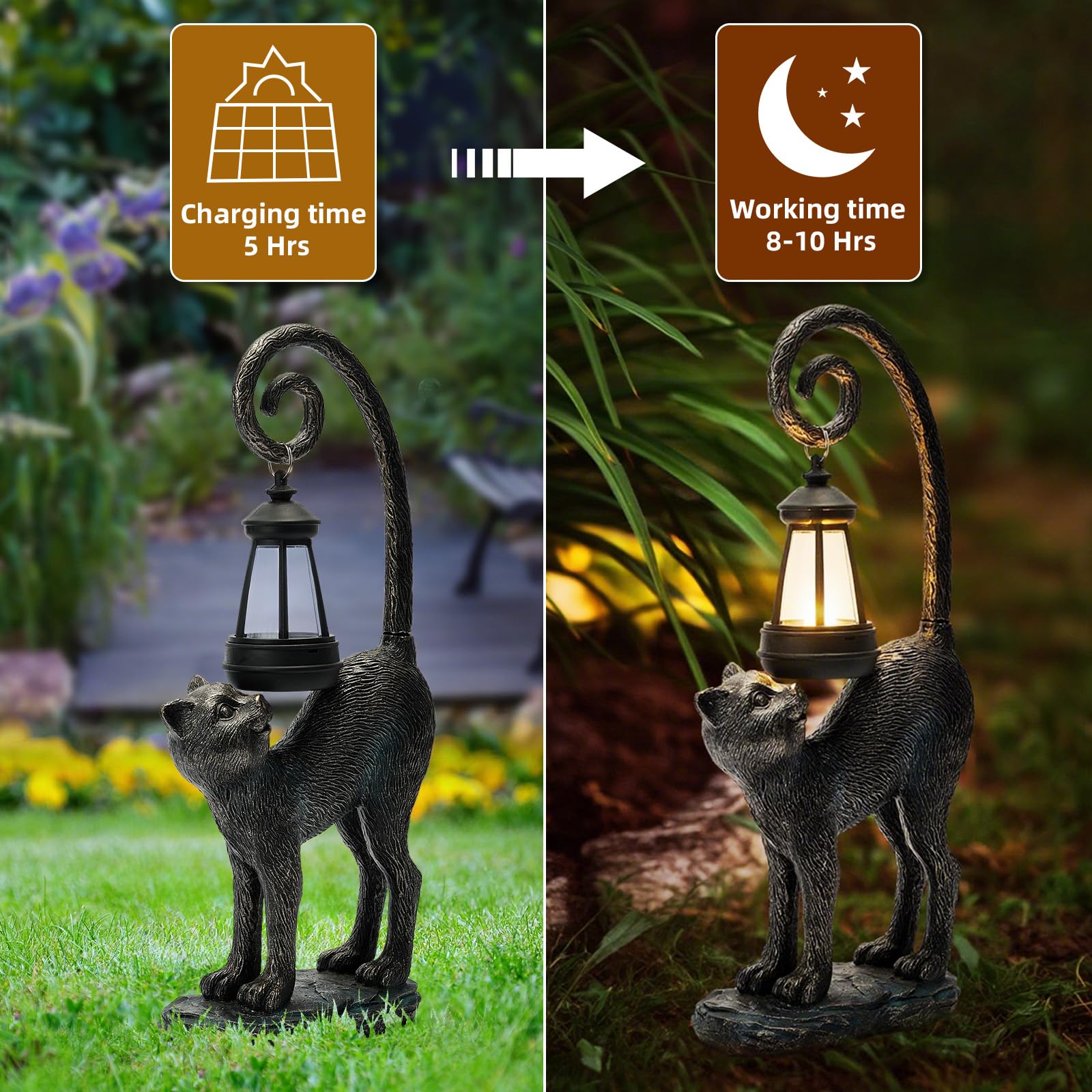 Statue solaire de jardin en forme de chat avec sculptures lumineuses LED étanches, statues mignonnes pour étang/cour, décoration extérieure, maison, pelouse, terrasse, animal en résine, cadeau