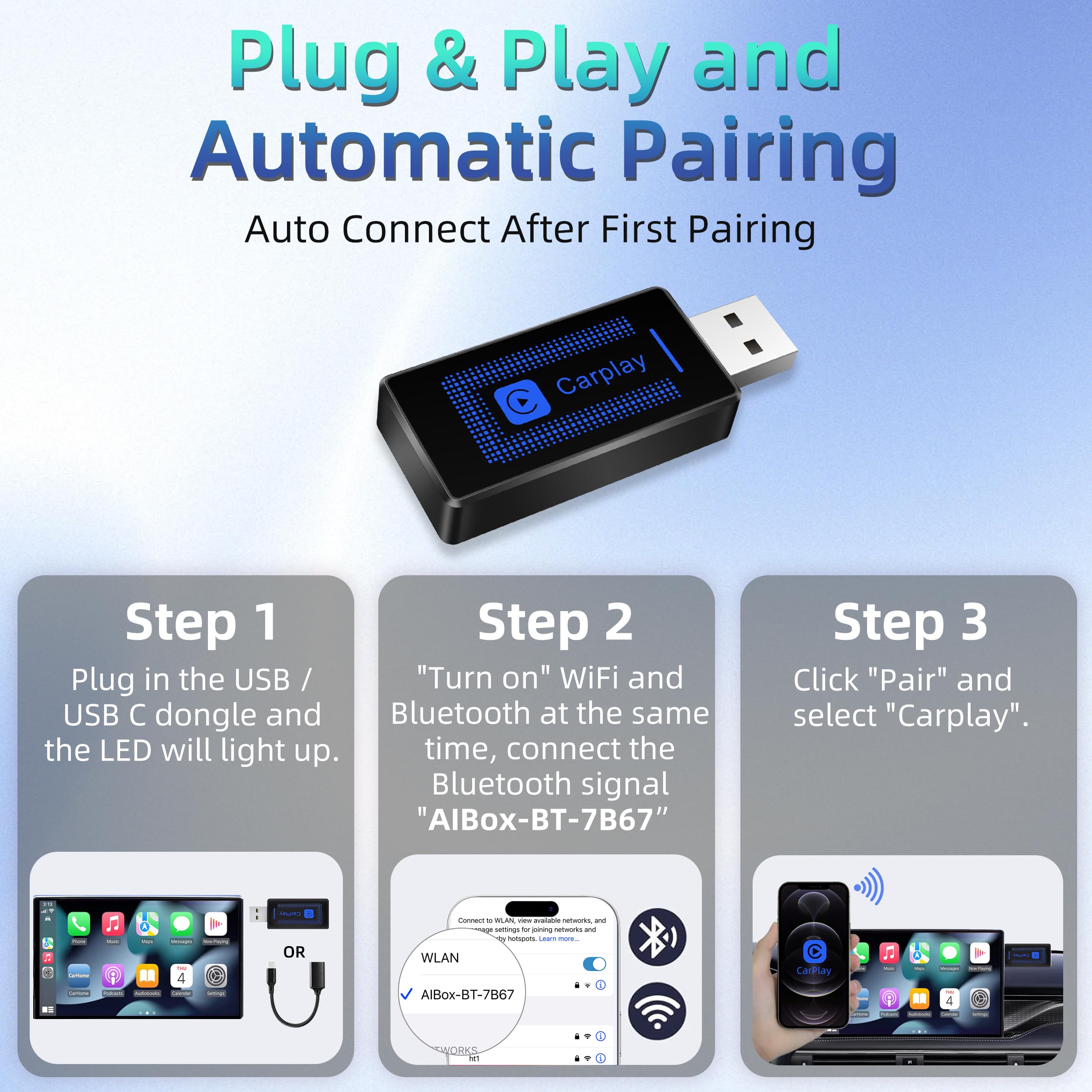 Adaptador inalámbrico CarPlay Mejorado (2025) para teléfono: conversor USB Plug & Play, reconexión automática, Compatible con vehículos de 2016+ e iOS 10+