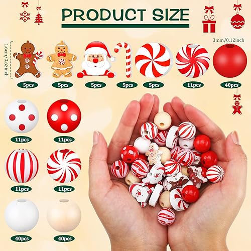 Miniatura 2 de 200 cuentas de madera y 4 recortes de bastón de caramelo y pan de jengibre para decoración de guirnaldas navideñas