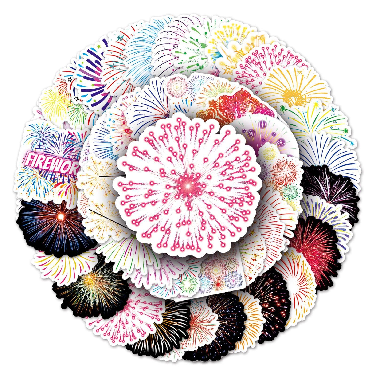 50Pcs Fireworks Stickers Laptop Car Scrapbook Phone Skateboard Suitcase Luggage Bike Fireworks Stickers Vinyl Waterproof Aesthetic Personalised Stickers for Teens Boys Girls Adults Children