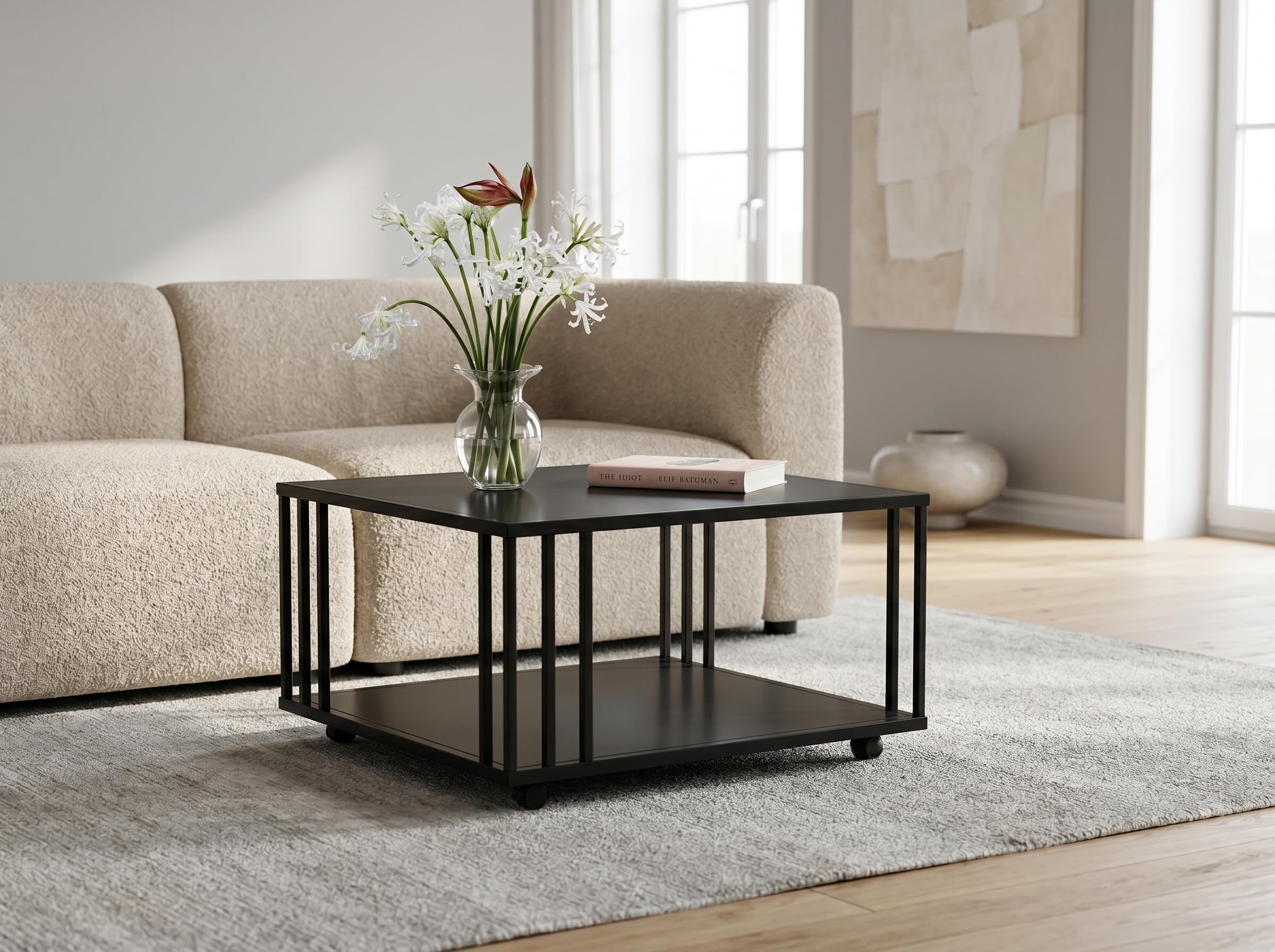 M2 Kollektion Paris 2 – Moderner Couchtisch 75x41x75 cm | Deck- und Ablageplatte aus 6 mm schwarz lackiertem Glas | Metallgestell auf Rollen