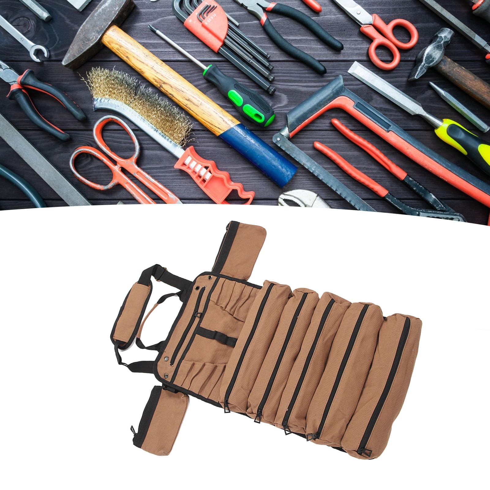 Bolsa de Herramientas, Bolsa de Herramientas Enrollable, Bolsa de Herramientas de Lona, ​​organizador de Herramientas en Rollo con 7 Bolsillos Individuales, Bolsa Multiusos con Cremallera para Herrami