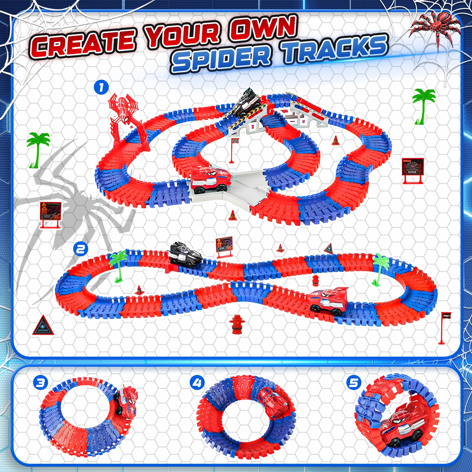 Kssvzz Spider Pista Macchinine 2 3 4 5 6 Anni Bambino, Flessibile Giocattolo Pista Auto Elettriche, Regalo Compleanno Natale Giochi per Bambini 2-8 Anni (212 Pezzi)