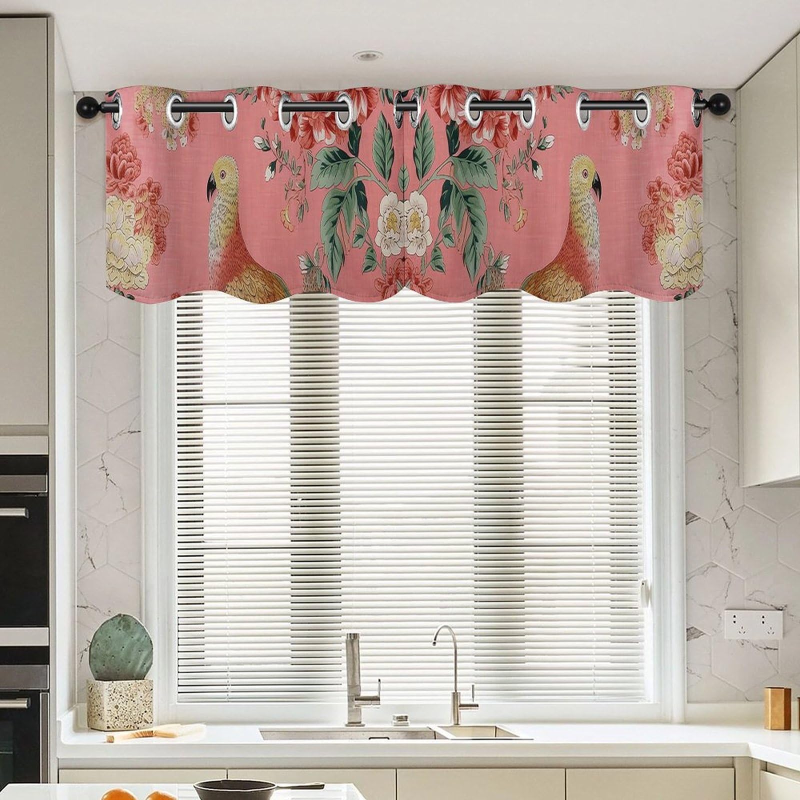 Cortina corta retro Manor Blush Chinoiserie, cenefas florales rústicas para salón y baño