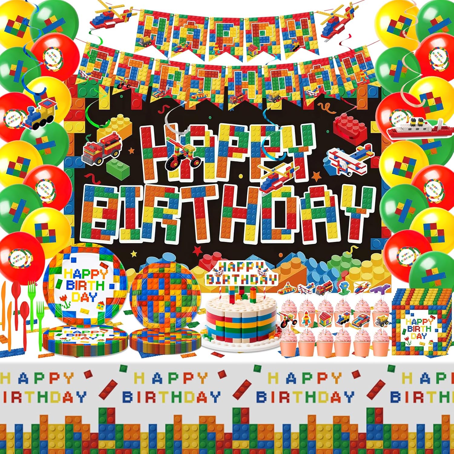 197 Pcs Building Blocks Birthday Party Set with Backdrop, Tablecloth, Banner, Brick Cake & Cupcake Toppers - Complete Building Block Party Supplies for Kids’ Themed Celebration, Serves 20