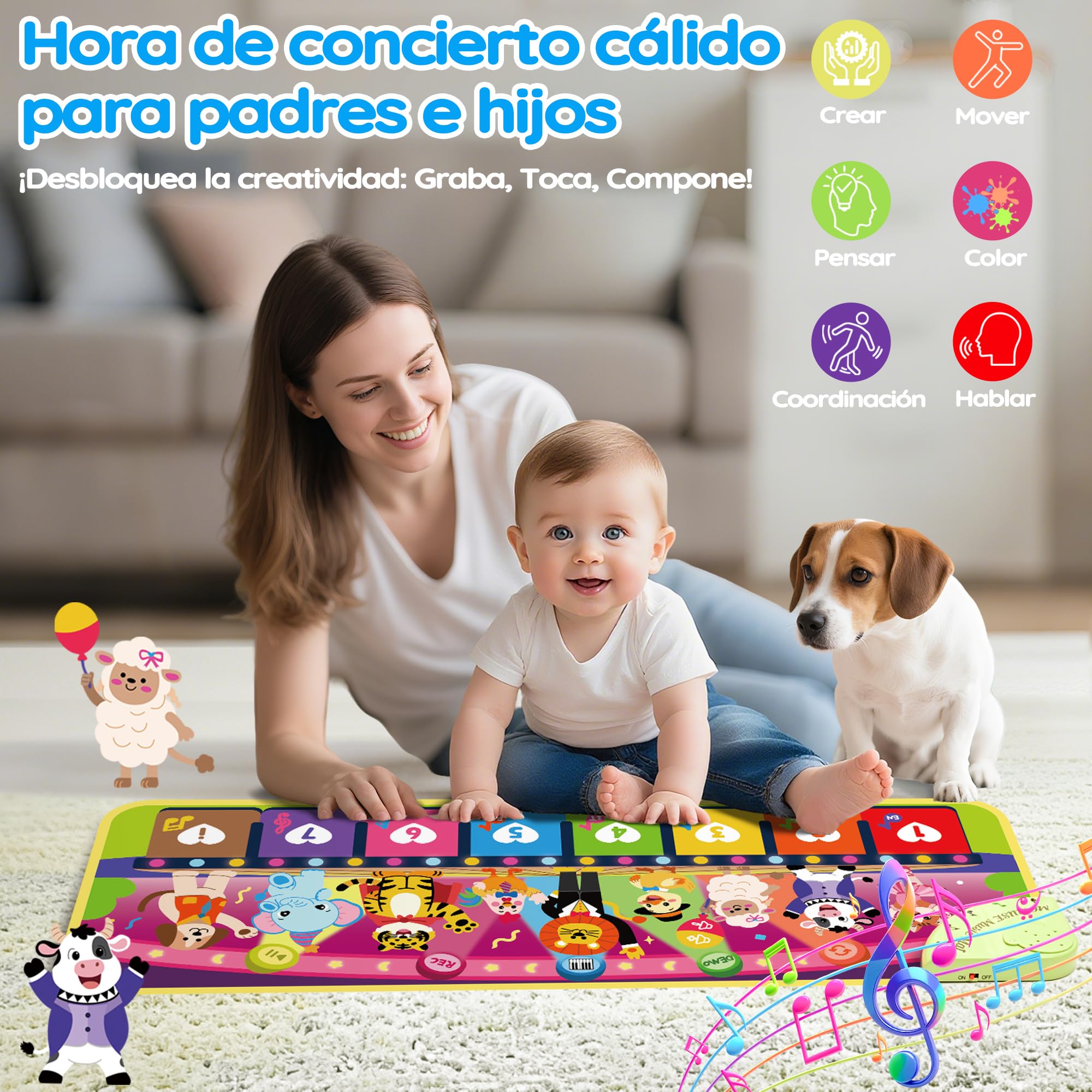 MOMUSE Alfombra Musical 5 Idiomas (ES/DE/FR/IT/EN), Juguetes Niños 1 Año, Piano Infantil Multilingüe con 9 Animales, Portátil, Ligero, Regalo Na-vidad/Cumpleaños para Bebe Niñas Niños 1 2 3 4 Años