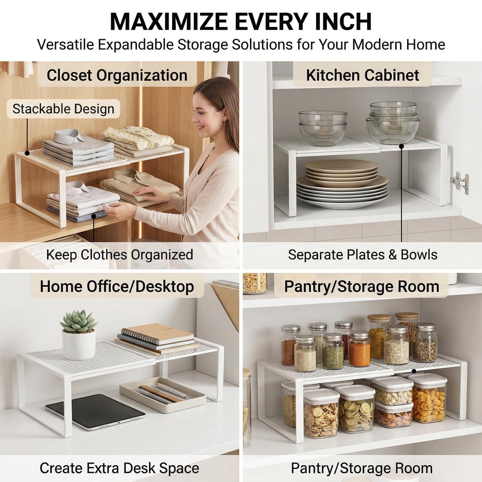 Verstellbare Regale für Schrank, Erweiterbares Einlegeböden Schrankregal, Einlegeböden für Schränke, Kleiderschrank, Schrank, Küche, Badezimmer, 27cm Weit, 31 cm groß, Verstellbare Länge 27-38cm(Weiß)