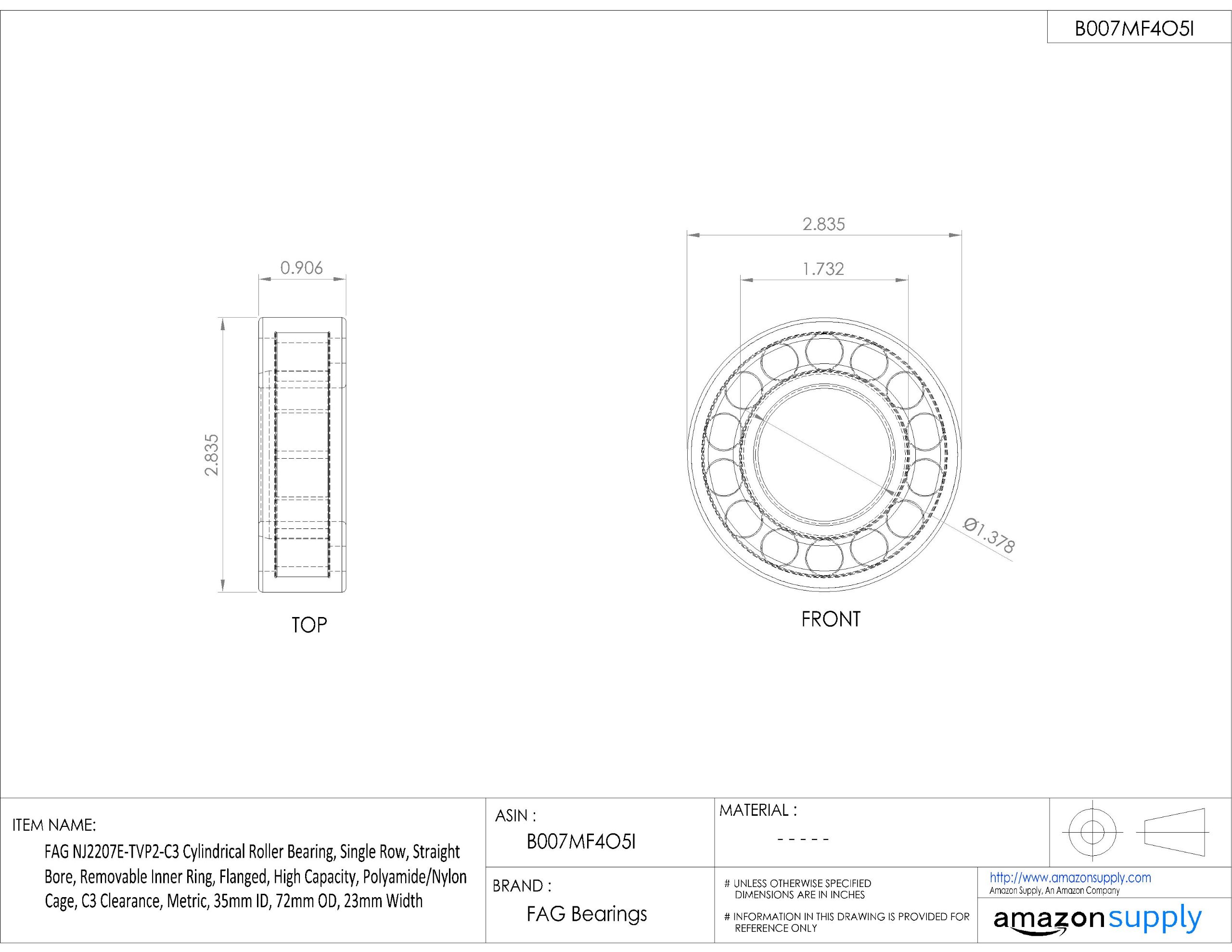 FAG NJ2207E-TVP2-C3 Roulement à rouleaux cylindrique, rangée unique, alésage droit, bague intérieure amovible, bride, haute capacité, cage en polyamide/nylon, dégagement C3, métrique, diamètre intérieur 35 mm, diamètre extérieur 72 mm, largeur 23 mm