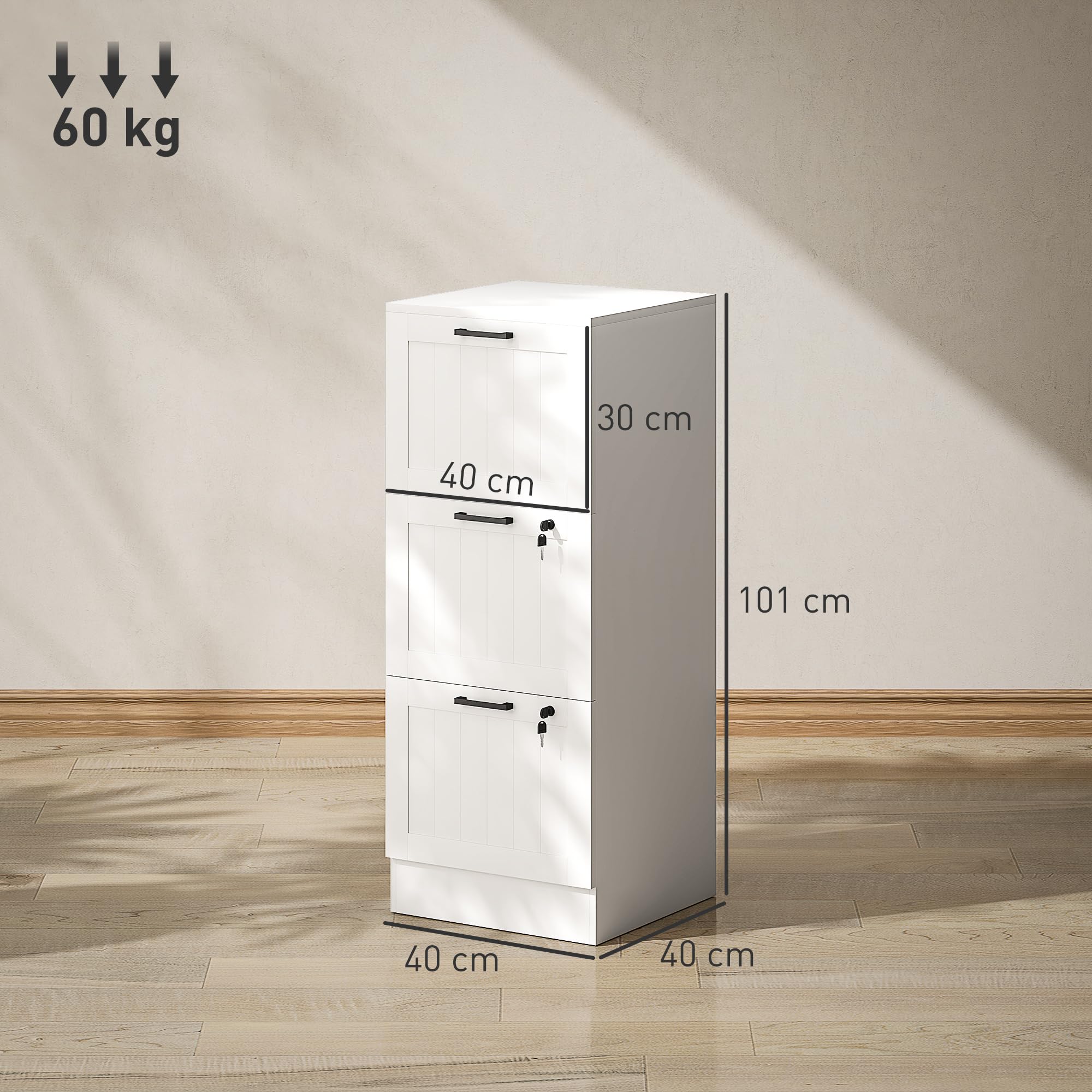 HOMCOM Cassettiera da scrivania con 3 cassetti e serrature, mobile per ufficio con barre di sospensione regolabili per documenti, cassettiera compatta per ufficio o camera da letto, 40x40x101 cm