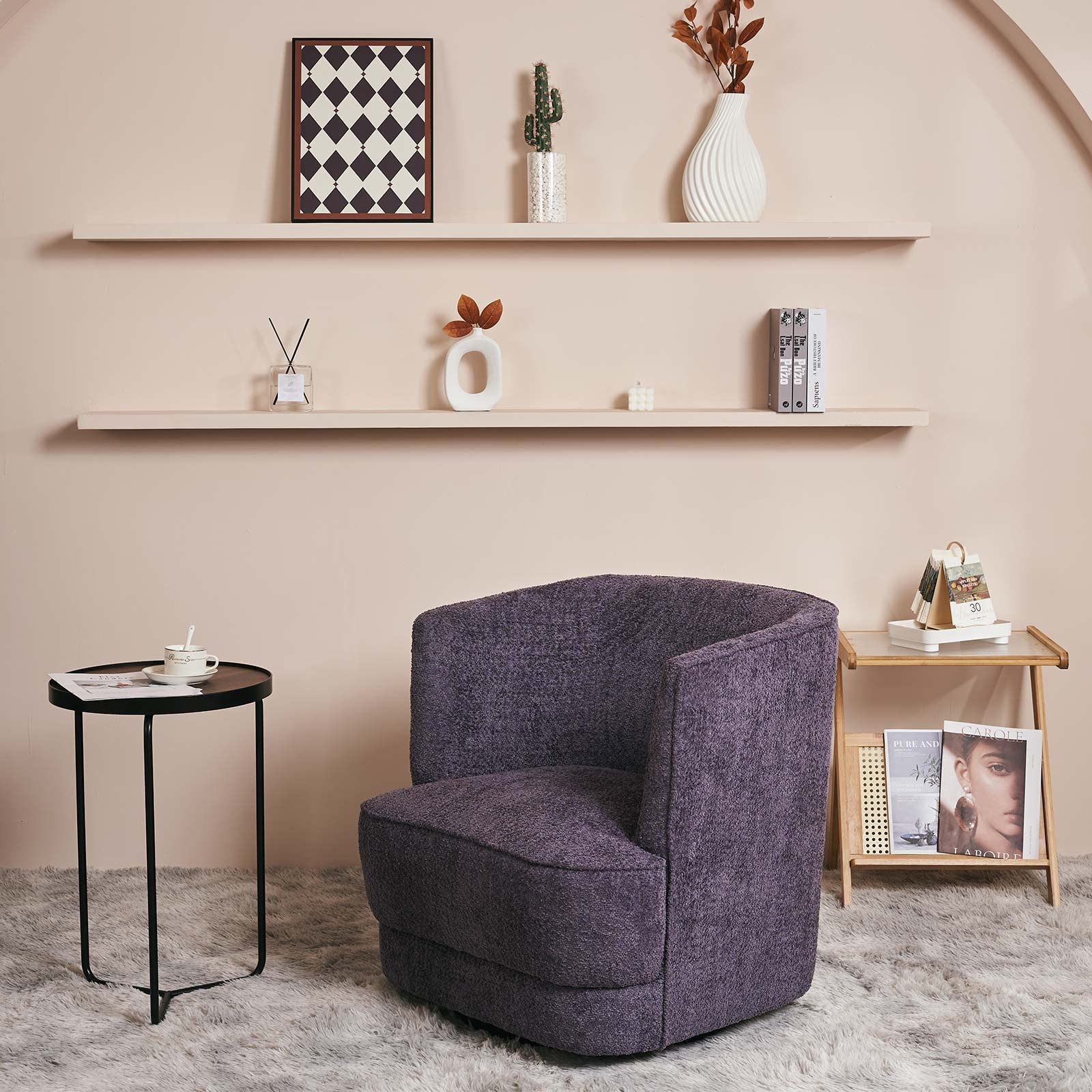 SepnineModern Swivel Accent Chair,Velvet/Chenille Large Club Barrel Chair with Metal Base for Living Room Bedroom (Chenille-DustyBlue)