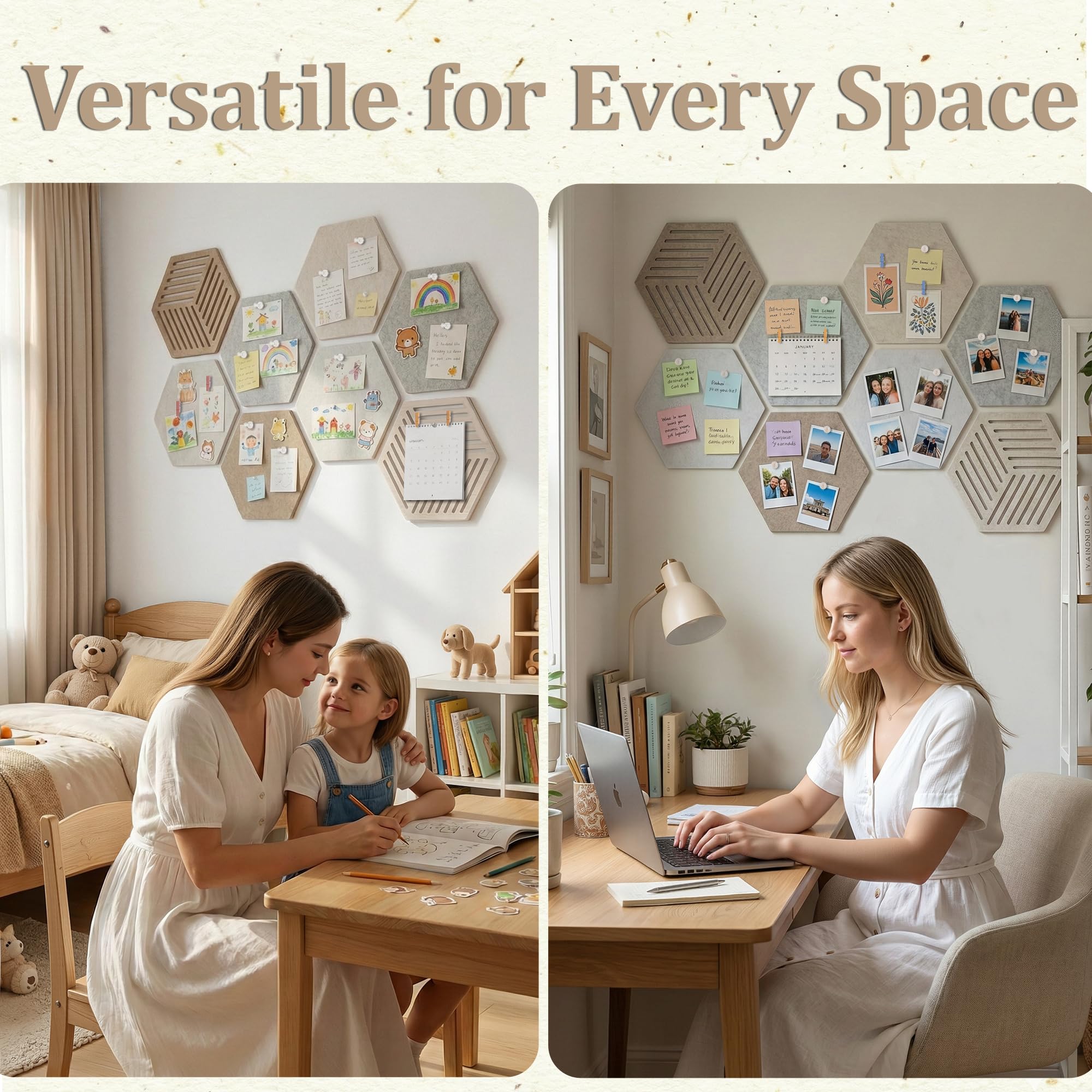 Tablero de Fieltro Hexagonal Autoadhesivo, 8 Piezas 30x26 cm Grosor 0,9 cm, Tablón Decorativo de Pared con 30 Chinchetas, Alternativa Creativa al Corcho para Hogar y Oficina