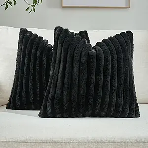 FUTEI Black Striped Decorative Throw Pillow Covers 14x14 Inch Set of 2,Square Fall Decorations Couch Pillow Case,Soft Cozy Faux Rabbit Fur & Velvet Back,Modern Home Decor for Bed