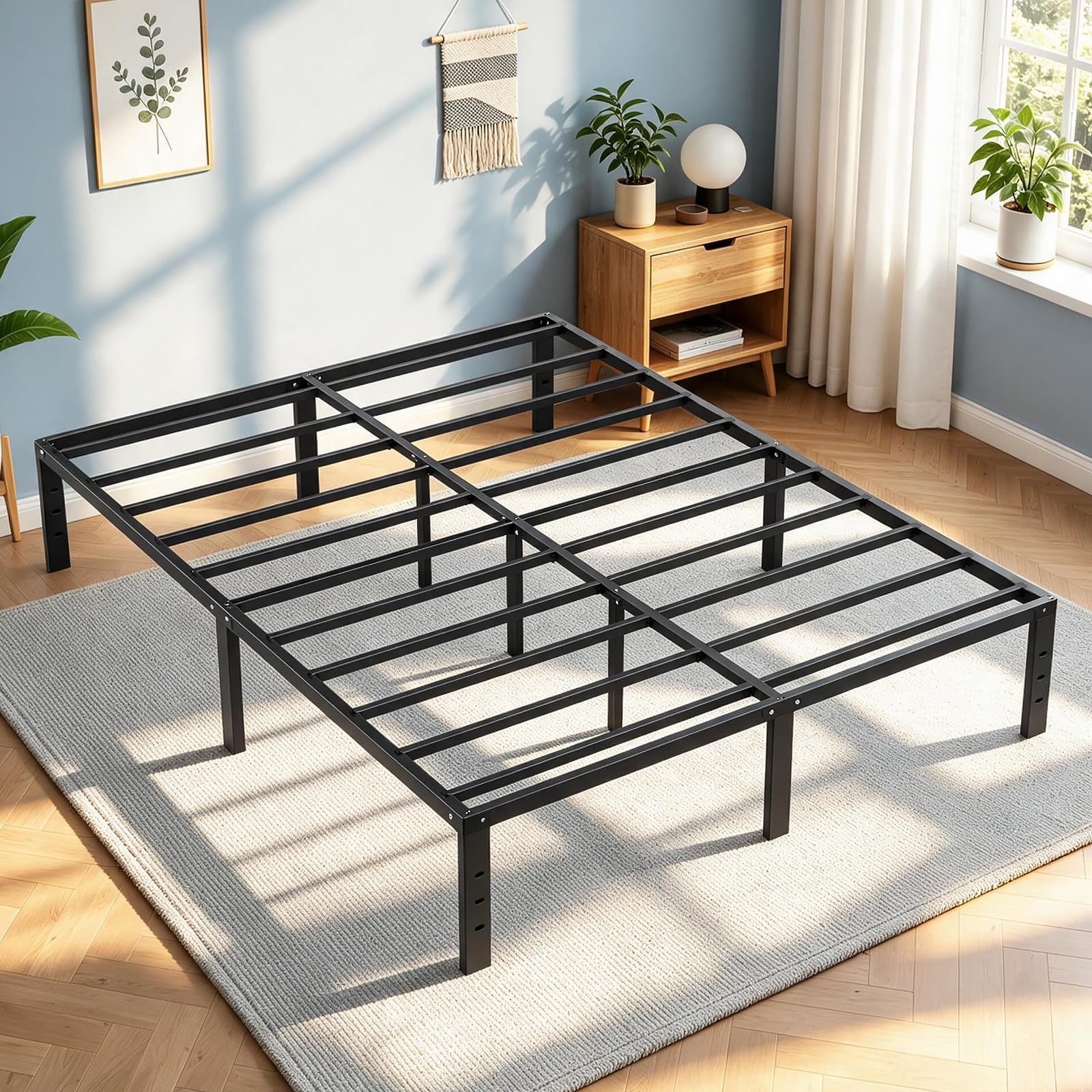 Queen Bed Frame 11 Points Support Metal Platform Bed with Storage Space