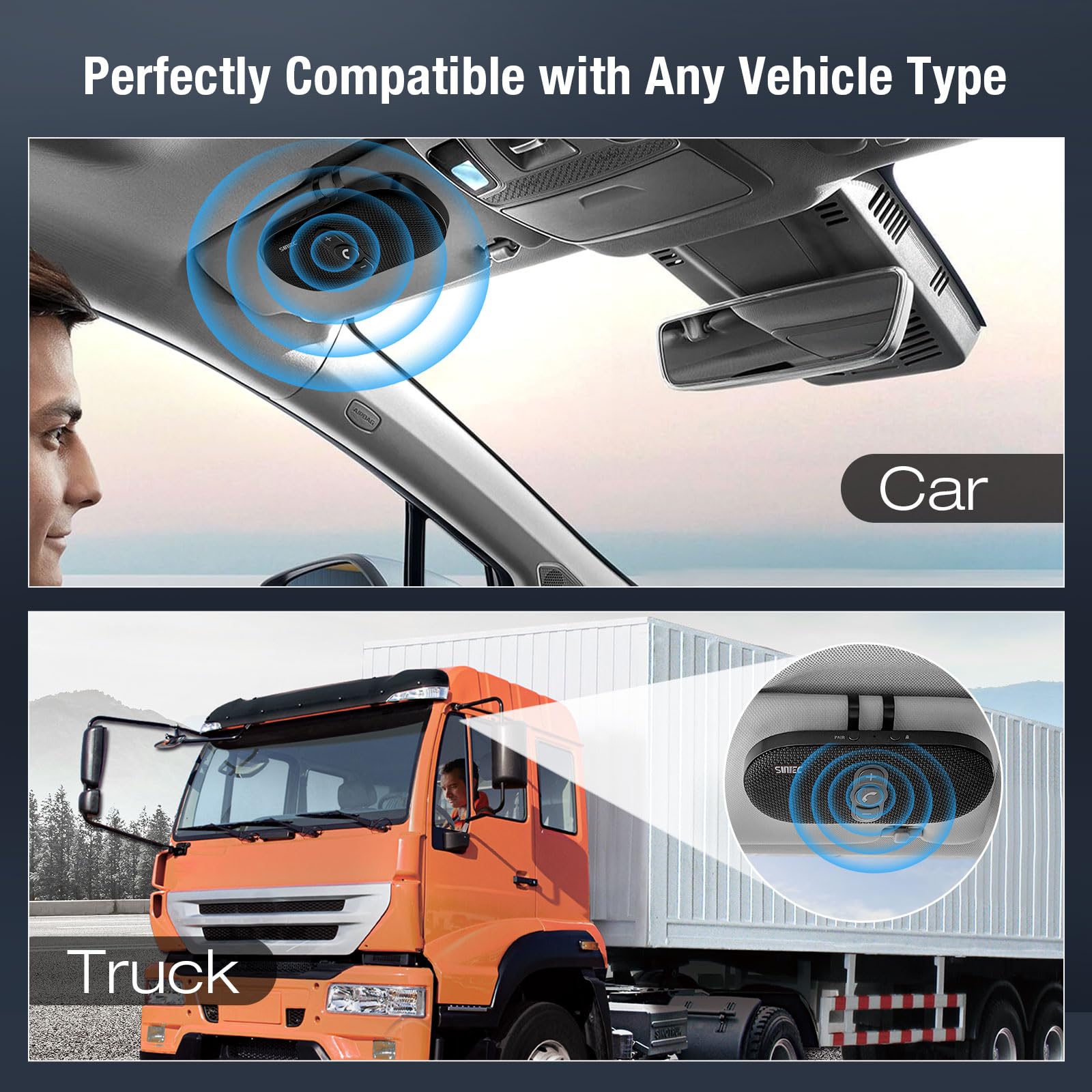 SUNITEC Vivavoce per auto Bluetooth 5.1 con clip Wireless vivavoce si collega a Siri & Google Assistant Supporto Auto ON Off Altoparlante forte 6W per GPS Musica Telefono