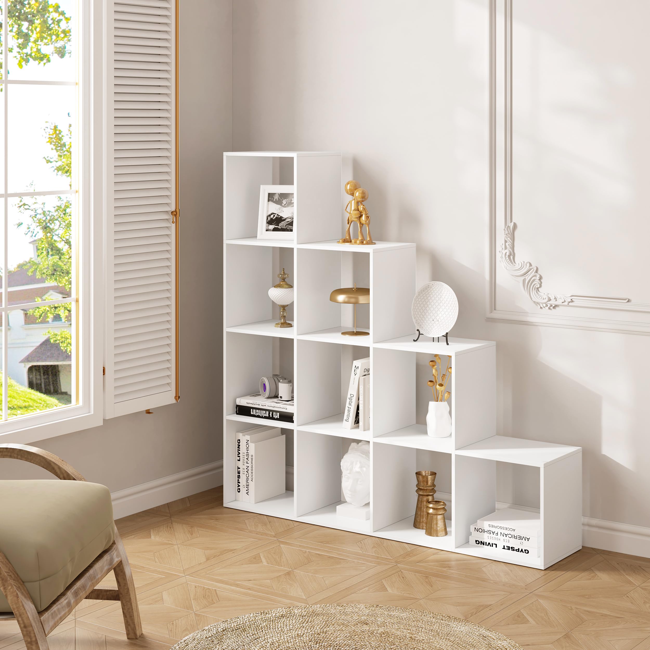 WOLTU Estanteria Libreria con 10 Compartimentos, Estanteria de Almacenamiento de Madera, para Salon, Estudio y Oficina, Blanco+Roble Claro, 136x29x136 cm RGB44ws (29x136x136cm)