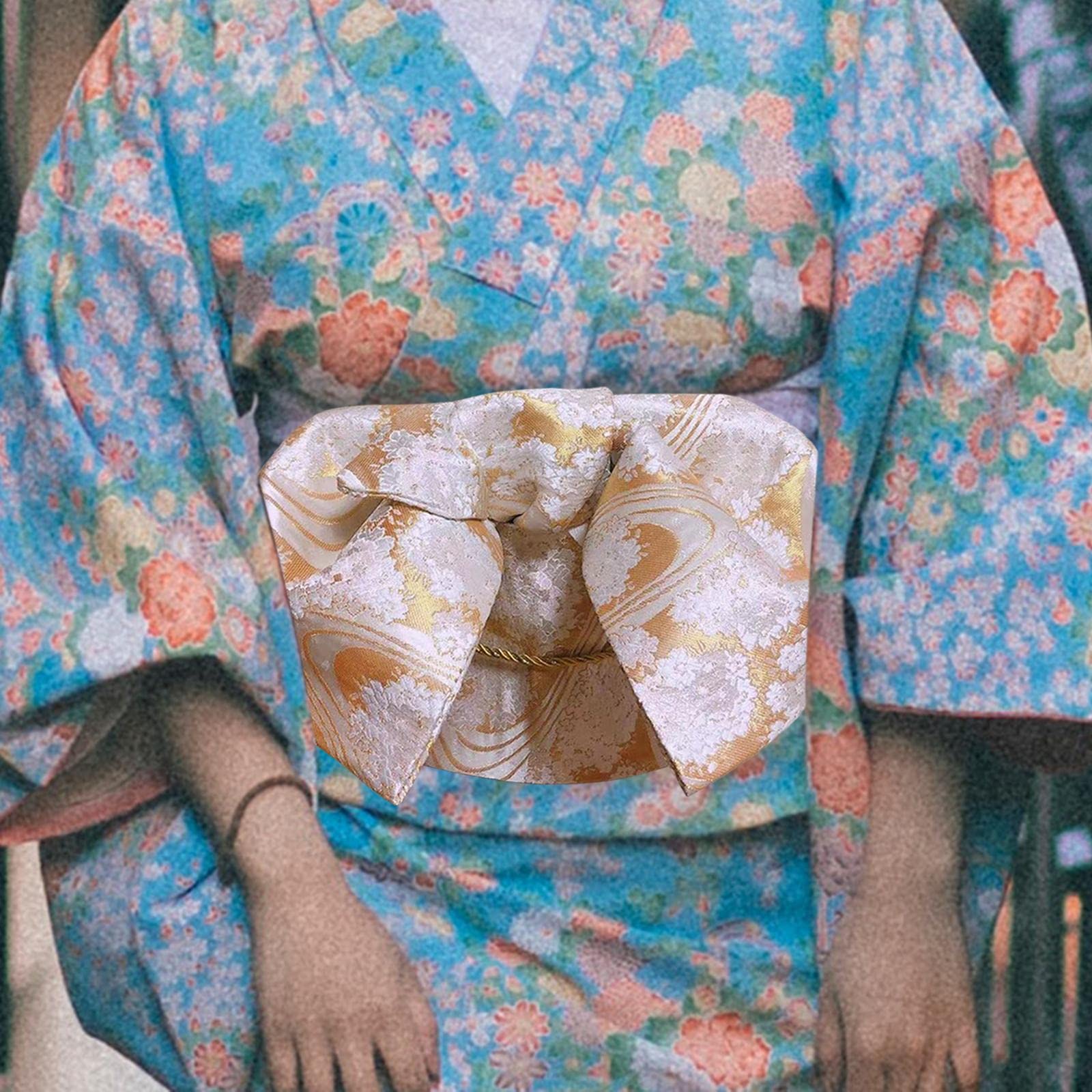 Cinturón Obi Japonés para Mujer con Lazo Preatado Y Kimono, Patrón Floral Simple