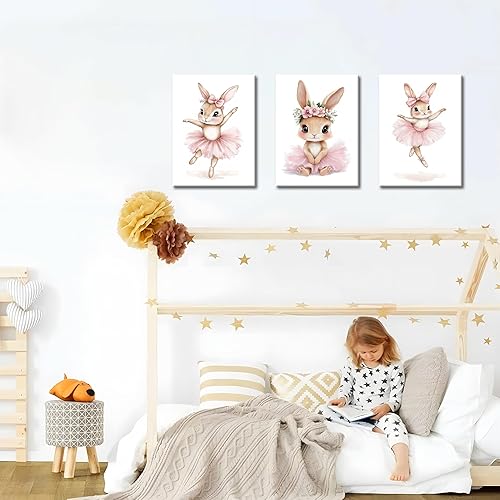 Miniatura 7 de Juego de 3 pinturas artísticas en lienzo para habitación del bebé niña, juego de 3, bonitos pósteres de conejito rosa con estampado de animales para