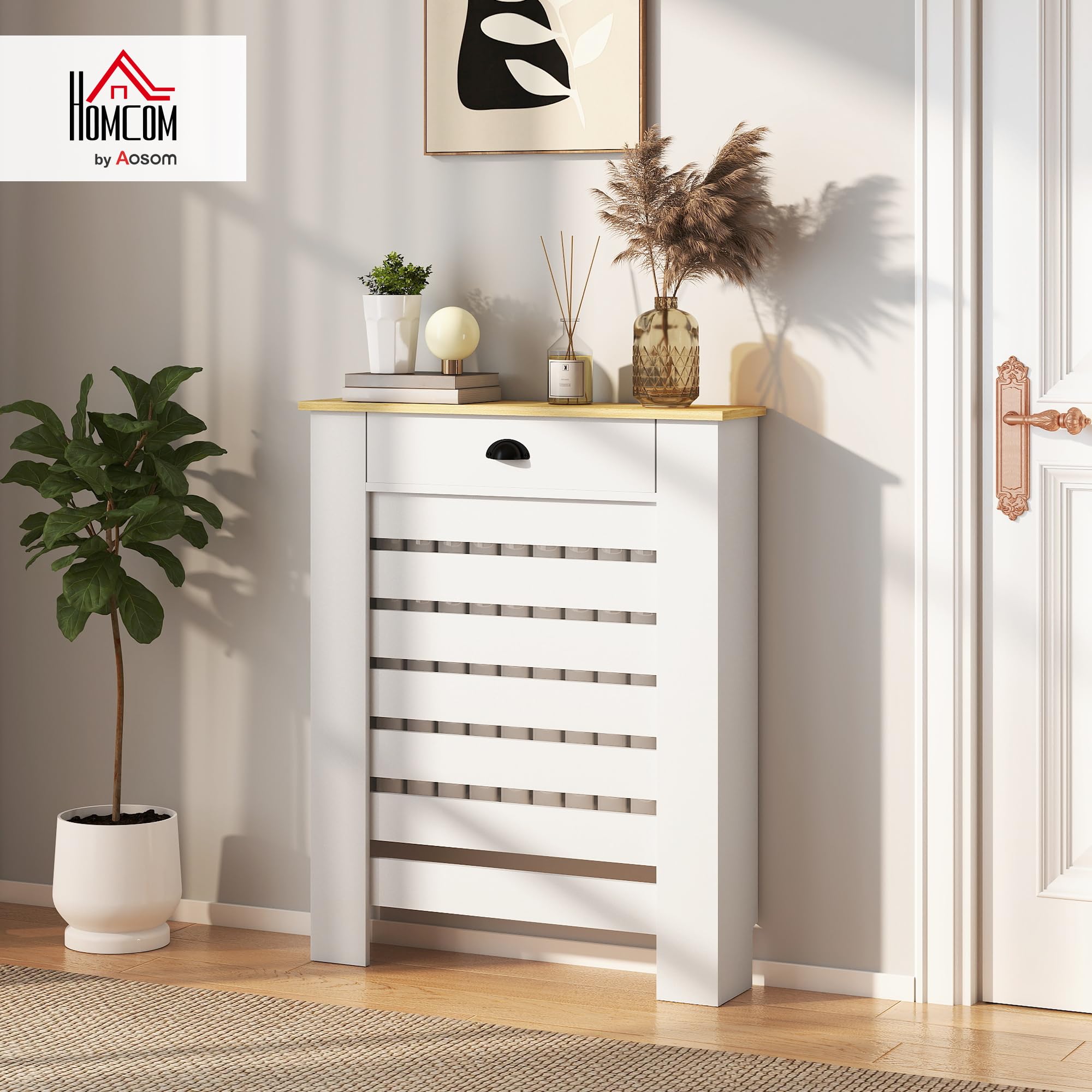 HOMCOM Cubre Radiadores con Cajón, Cubreradiador de MDF, 78x19x95,5 cm, Cubierta para Radiador, Diseño Moderno de Listones, para Salón, Dormitorio, Blanco