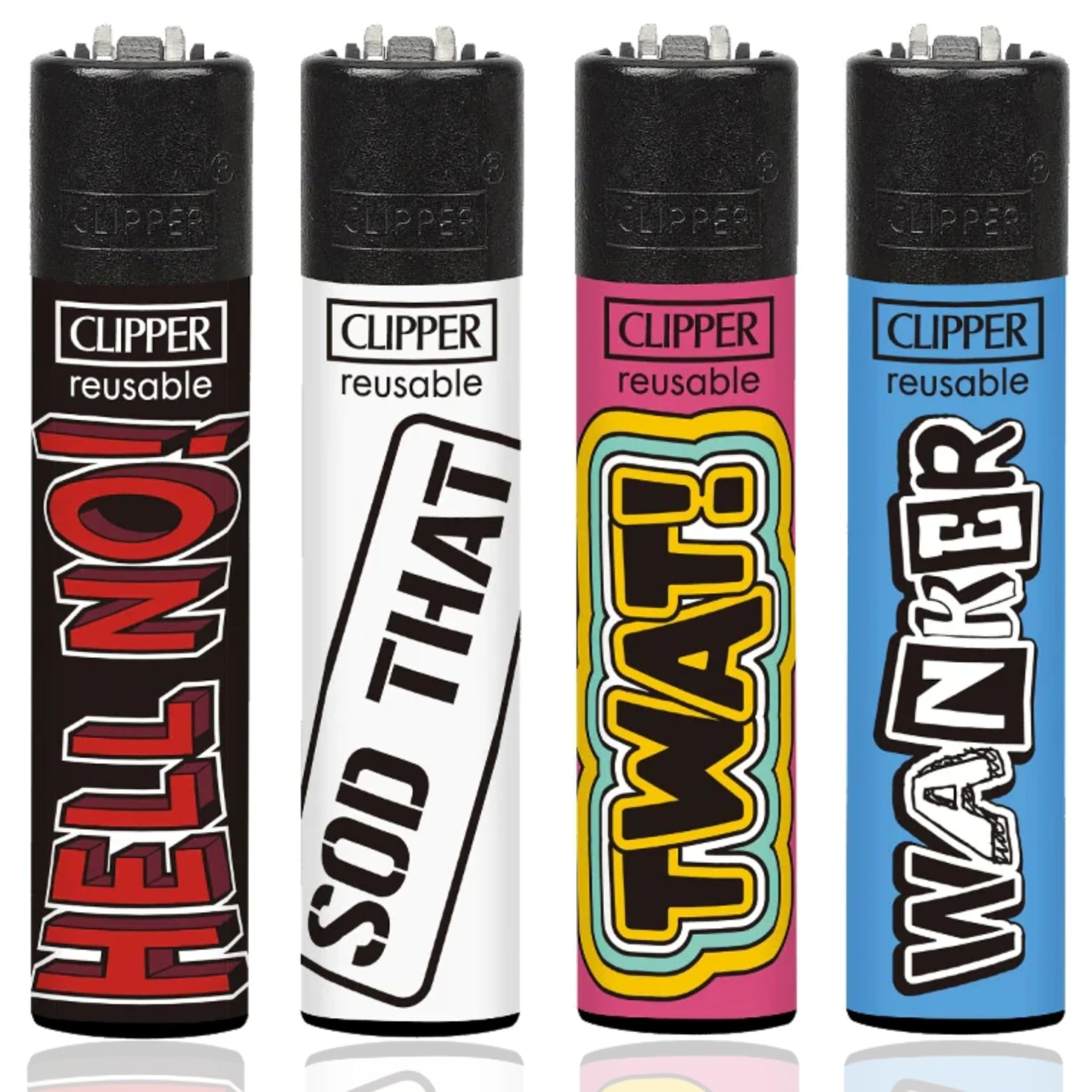 Zactly - 4 x Clipper Lighter Set NAUGHTY WORDS 3 FUNNY SAYINGS Rare Design Gas Refillable Standard Size Lighters Replaceable Flint - Limited Edition