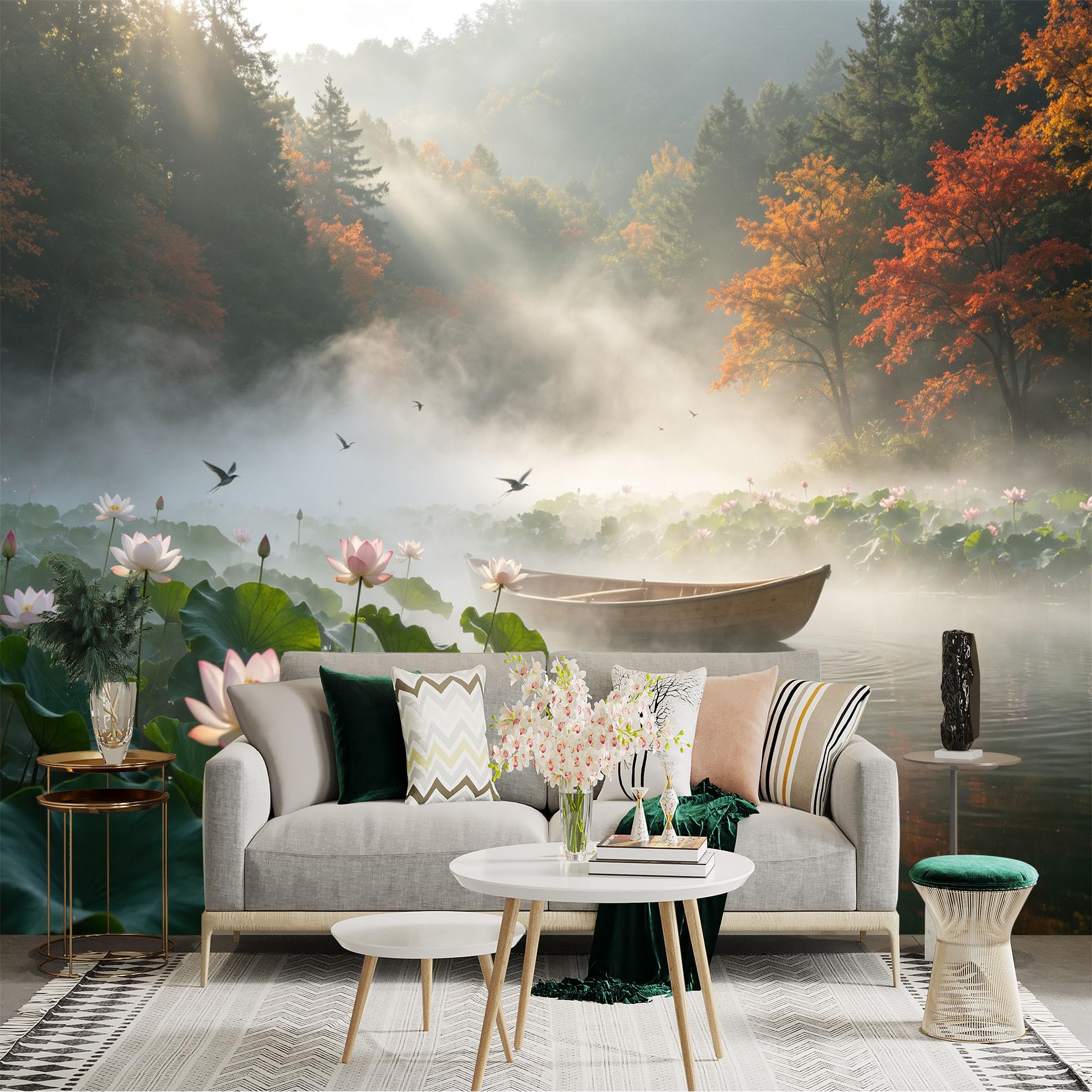 Custom Size Wall Sticker Mural， Misty Pond with Blooming Lotus， Wooden Boat in Calm Water， Autumn Forest Scenery， for wall Decoration， peelandstick wall Decals.