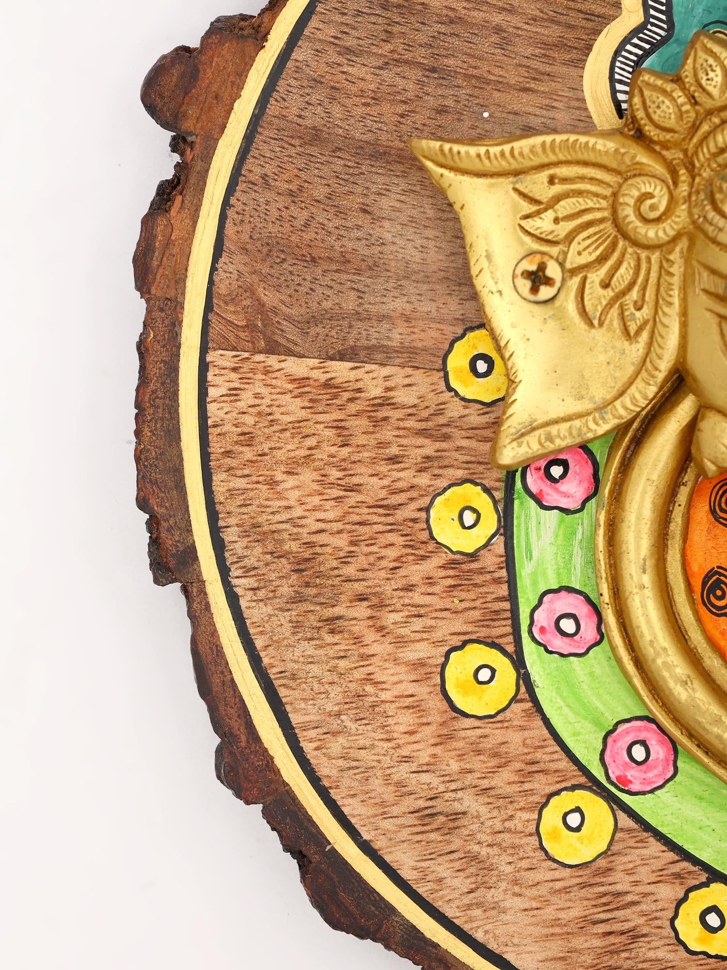 Exotic India Ręcznie malowany drewniany oprawiony mosiądz lord Ganesha twarz wisząca na ścianę do domu | dekoracja pokoju puja | prezent Diwali